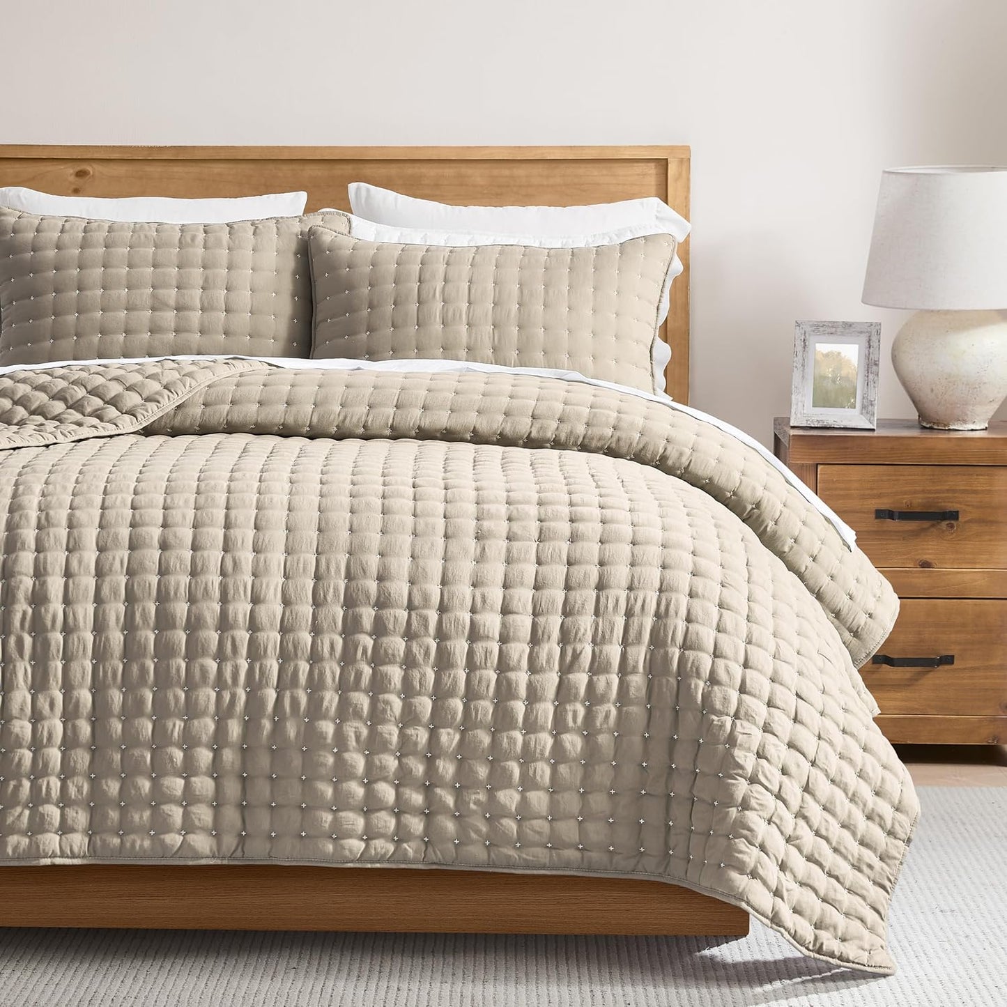 WDCOZY Beige King Size Quilt Bedding Set for All Seasons