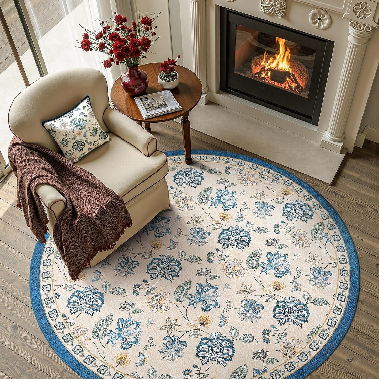 Floral Round Rug for Entryway Washable Vintage Design Non Slip