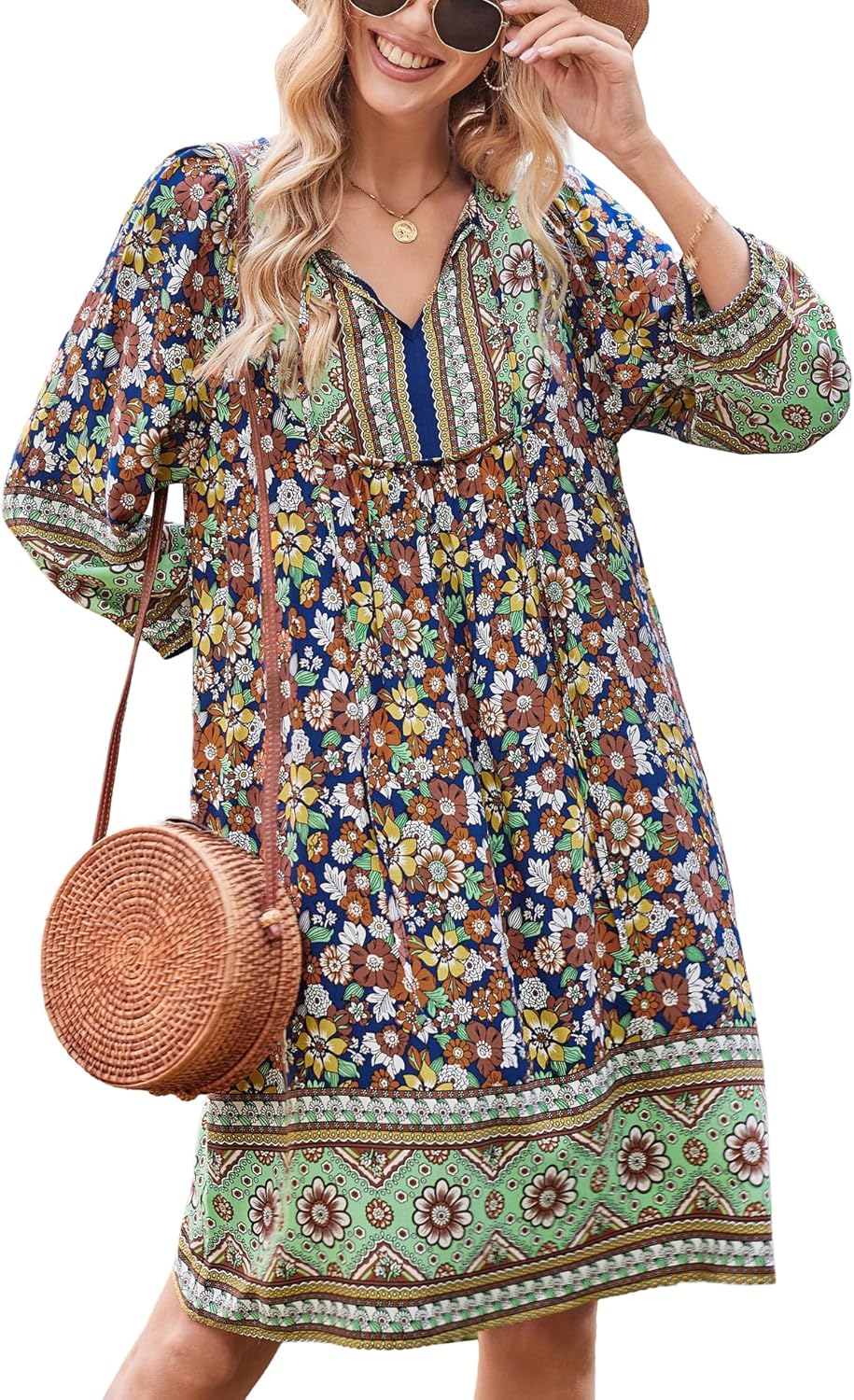 Bluetime Women Casual Summer Dress Boho V Neck Floral Print