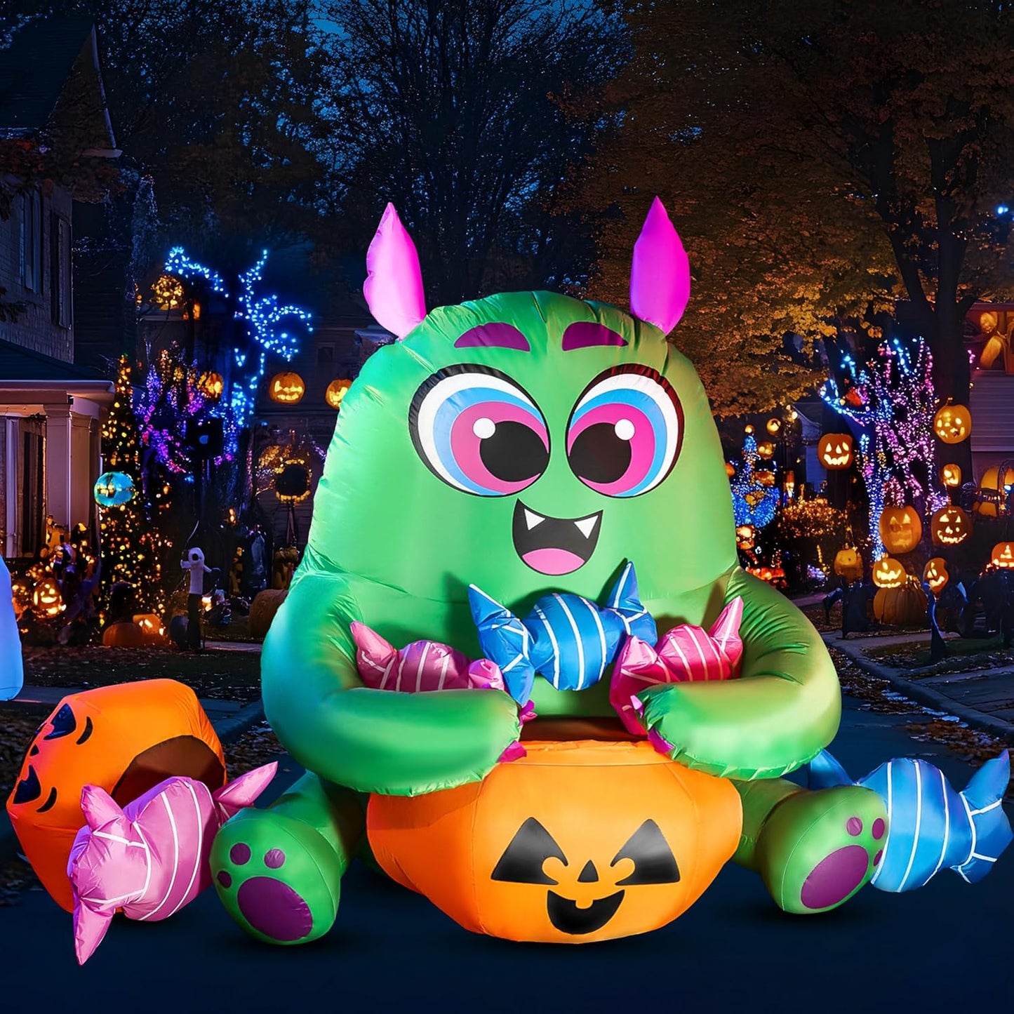 5 Ft Long Cute Halloween Inflatables Monster with Candies