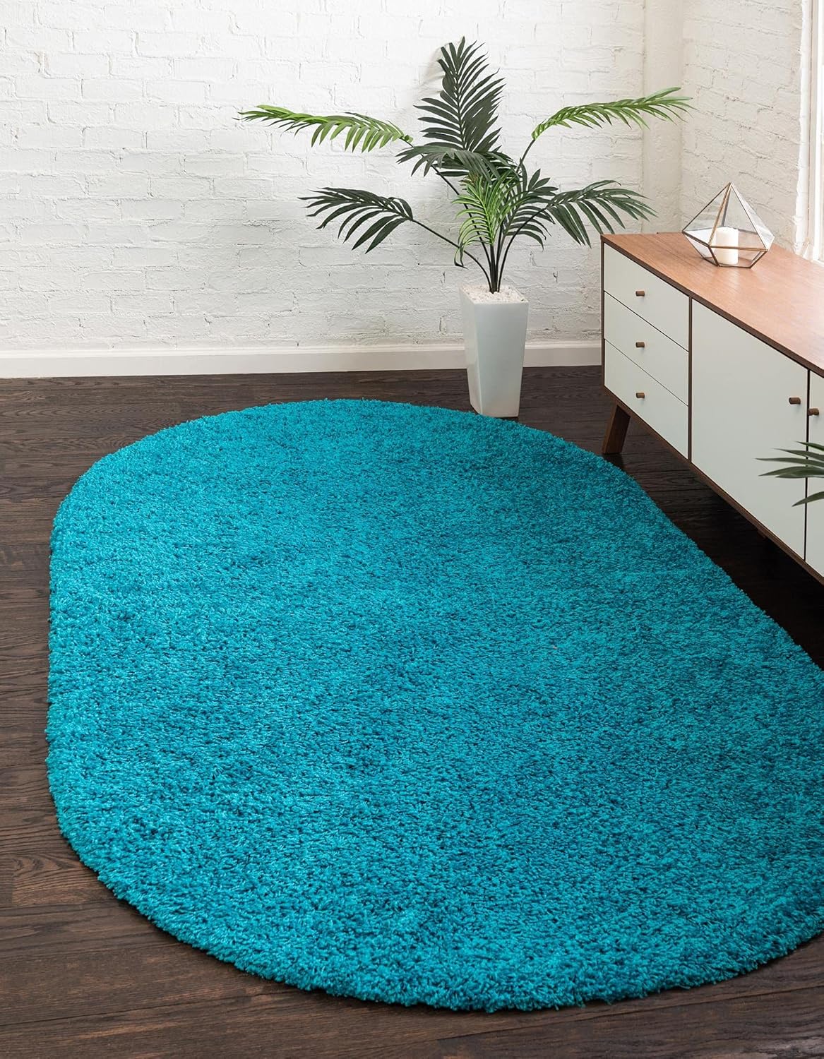 Uber Cozy Solid Shag Collection Rug 3ft x 5ft Oval Turquoise