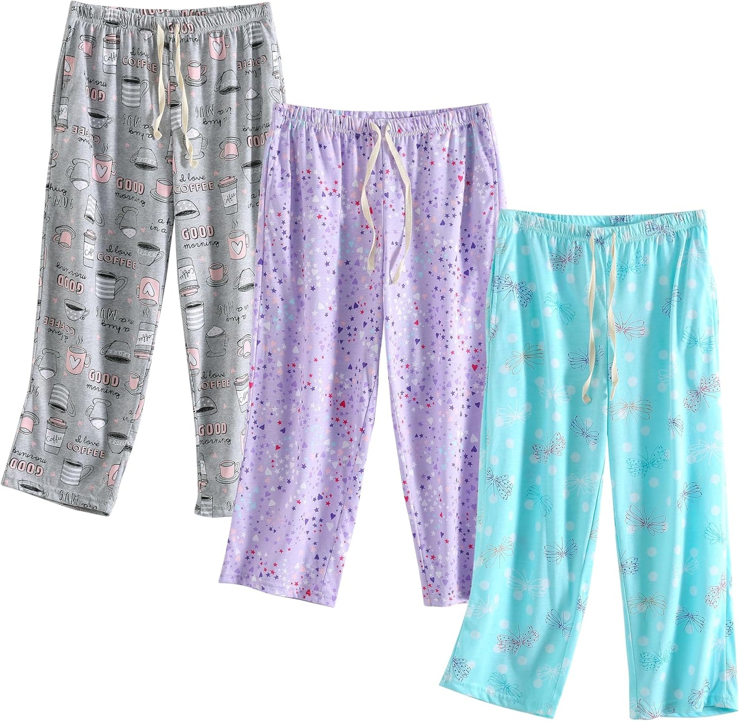 PNAEONG 3 Pack Women Pajama Pants Capri Length with Pockets