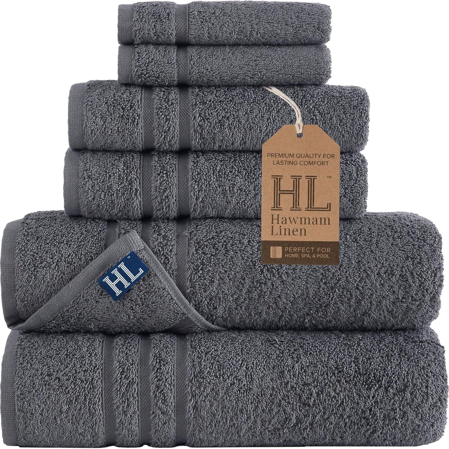 Hawmam Linen 6 Piece Bath Towels Set - Soft, Absorbent Turkish Cotton
