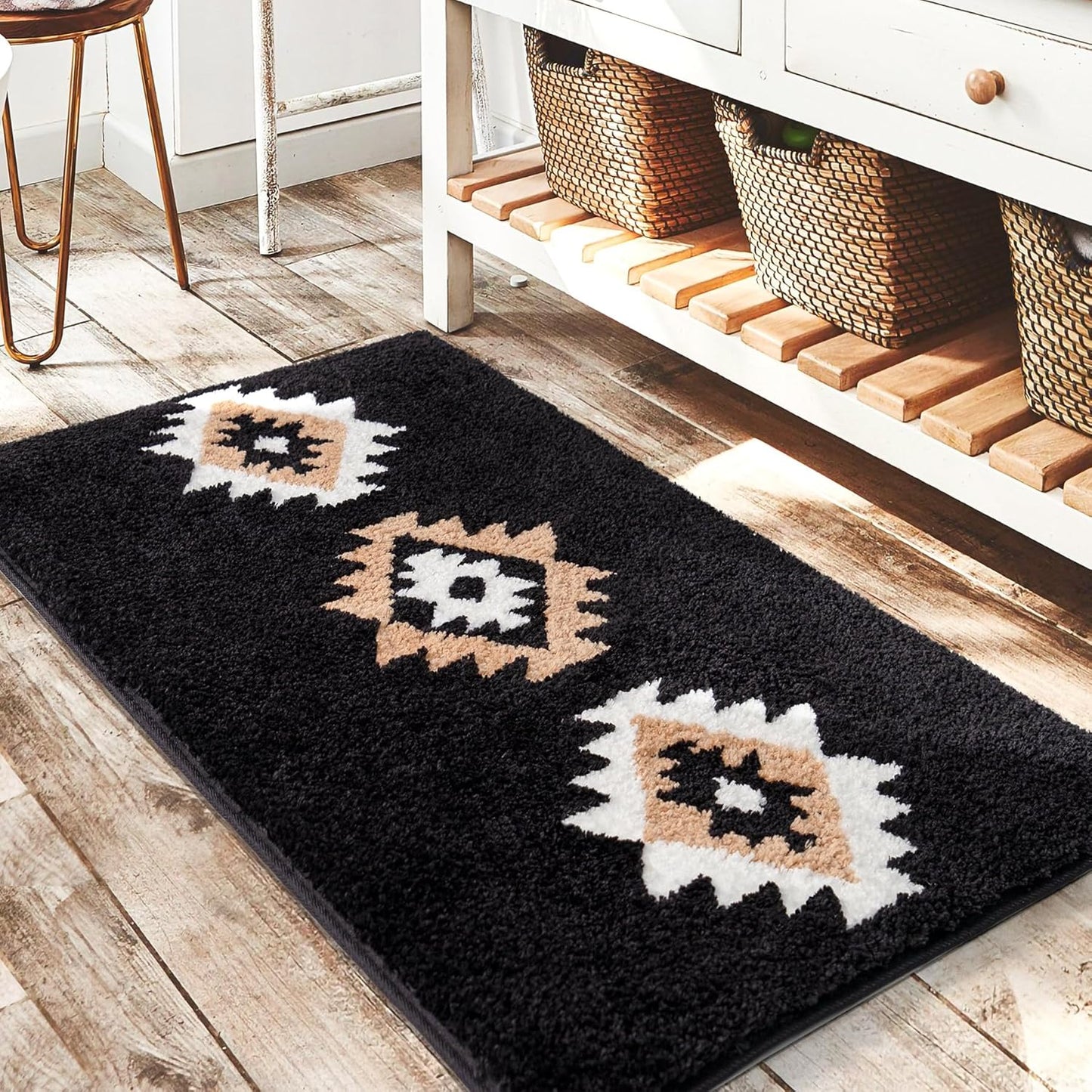 Luxurious DEXDE Bathroom Rugs 24x36 Black Boho Aztec Mat