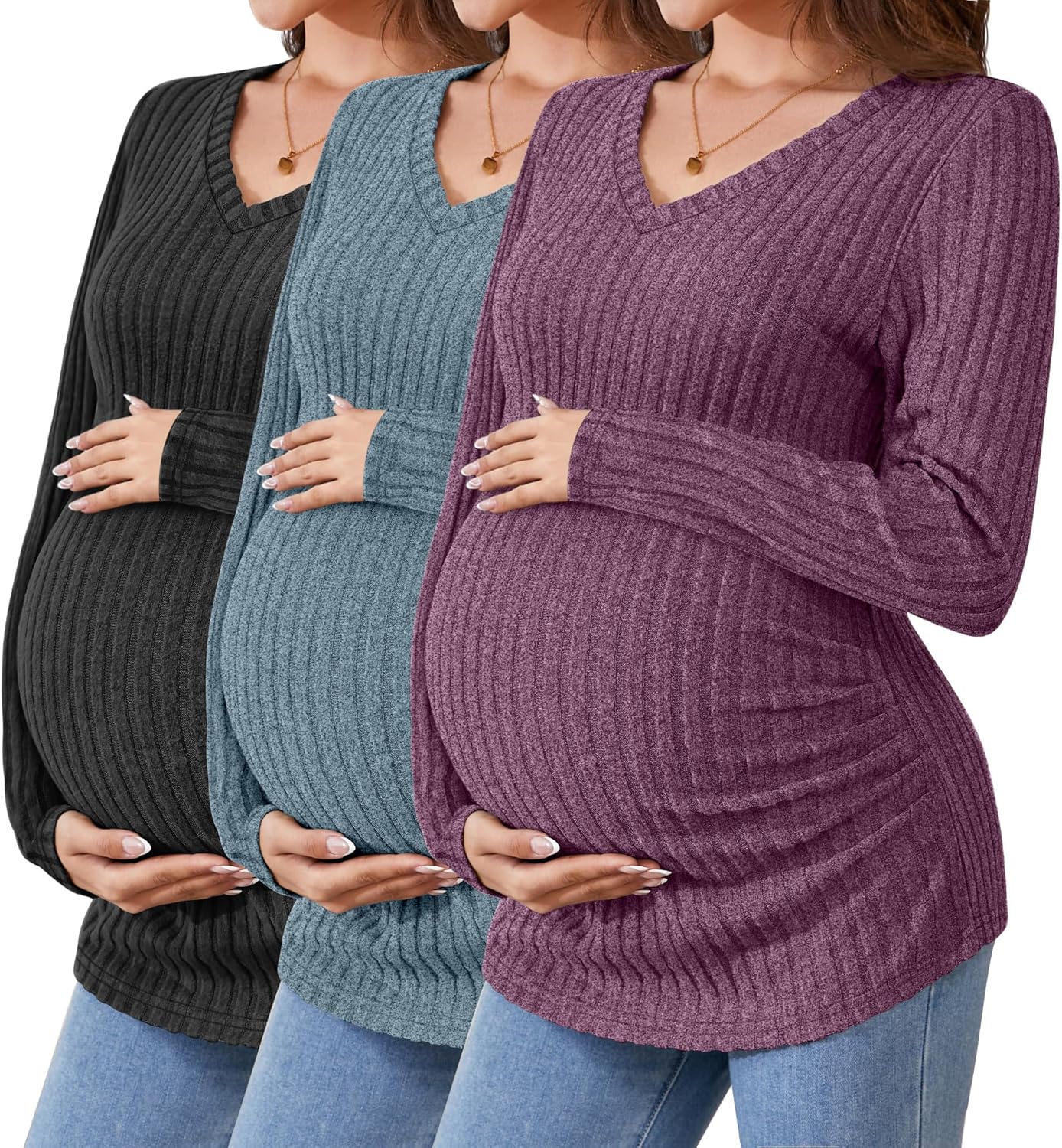 Ribbed Long Sleeve Maternity Shirts for Comfortable Pregnancy Wear