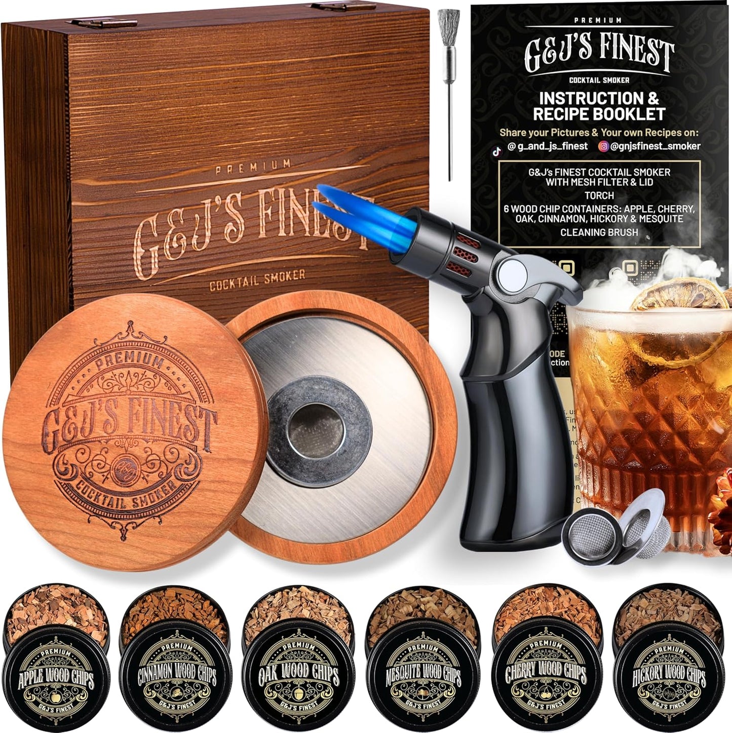 Whiskey Smoker Kit with Quad Flame Torch and Wood Chips