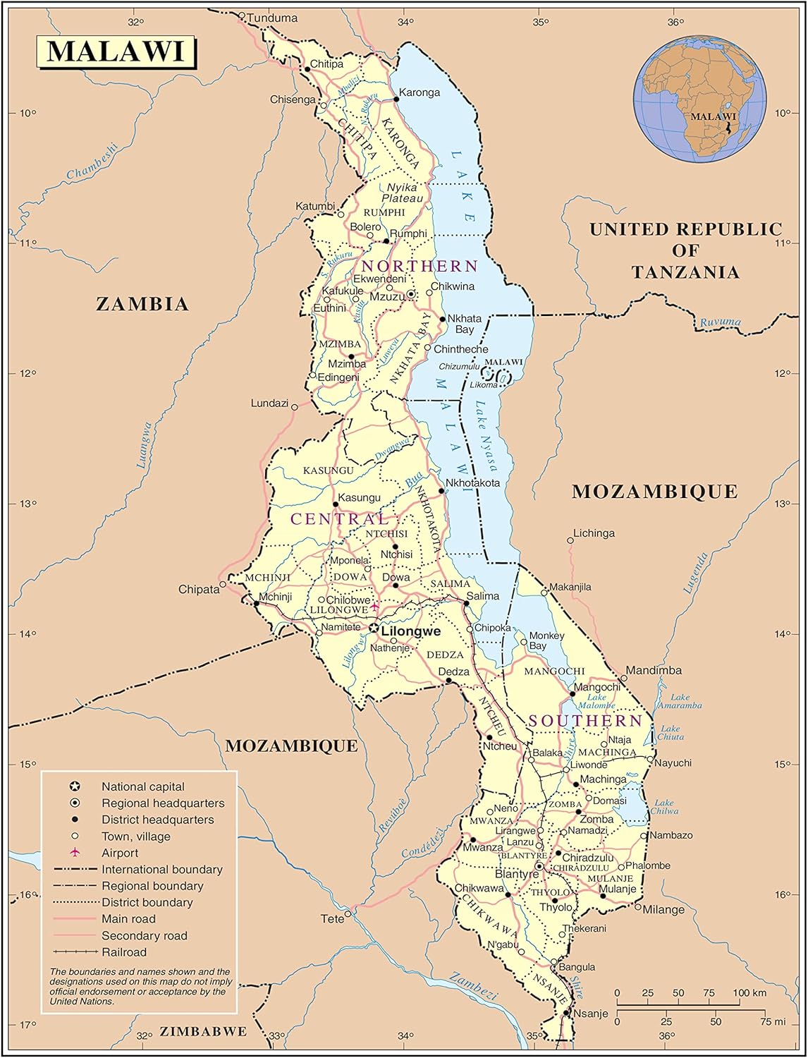 Large 24x31 Malawi Map Poster: Detailed Roads, Cities, Airports