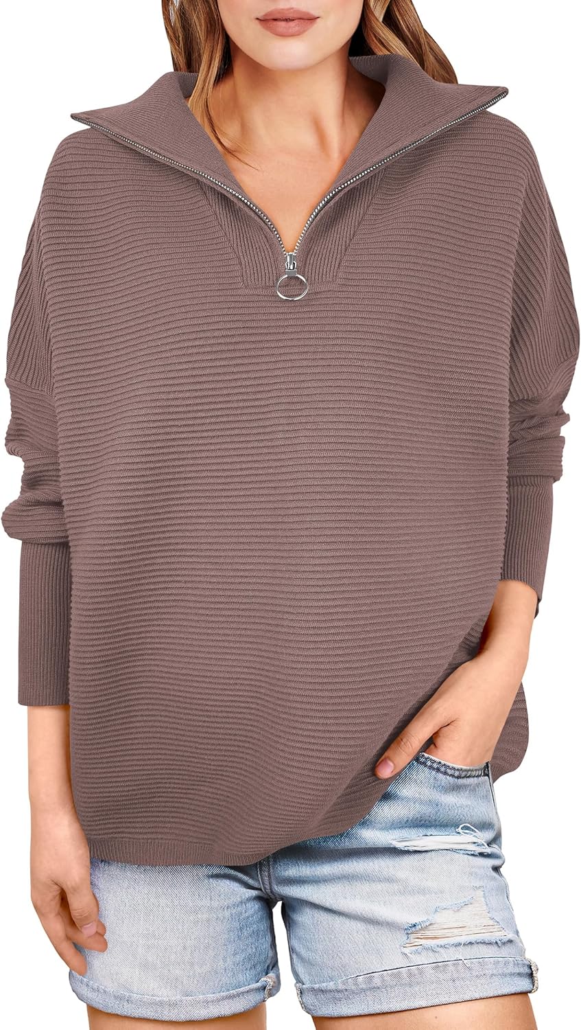 ANRABESS Women Quarter Zip Oversized Cozy Pullover Sweater