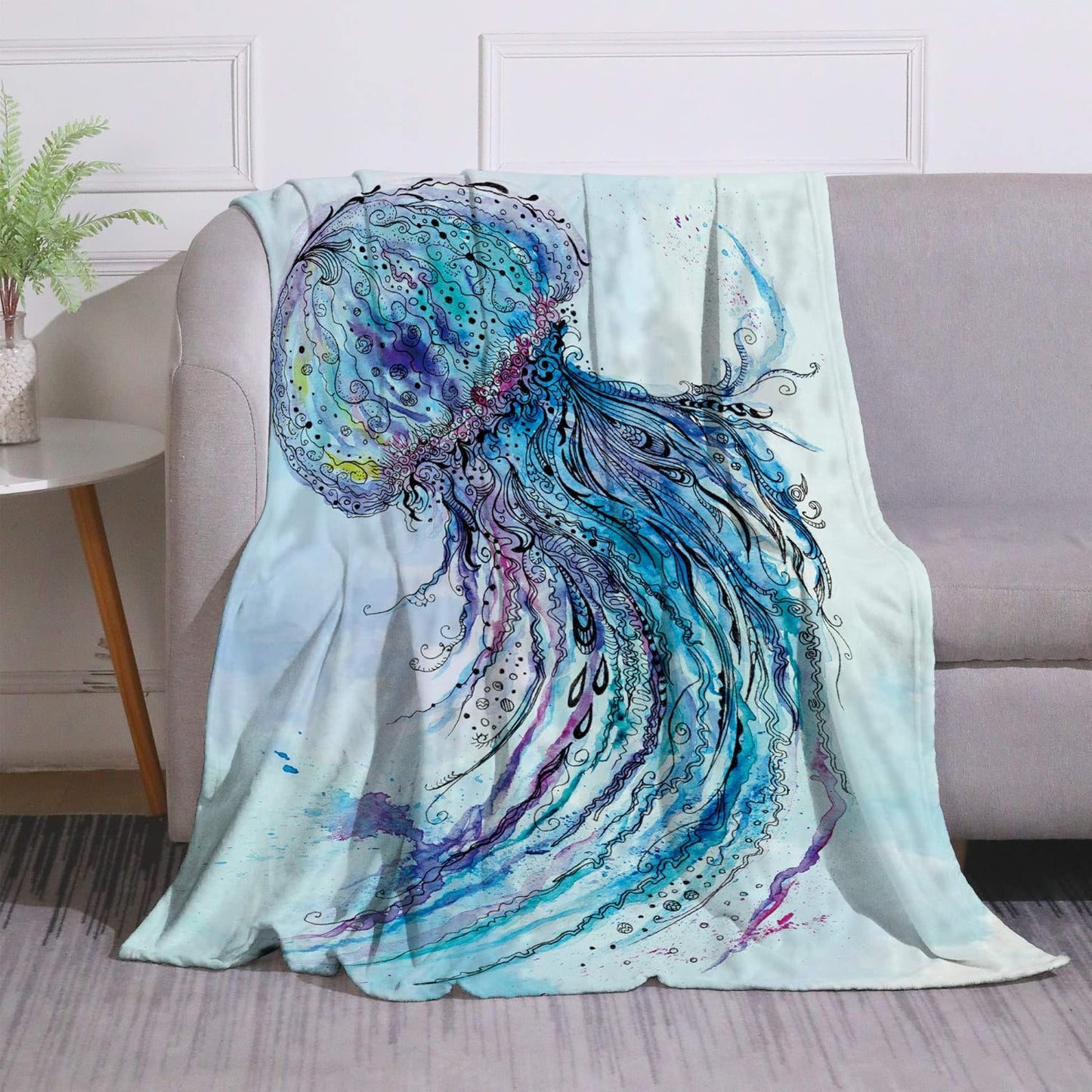 Ultra-Soft Blue Jellyfish Flannel Throw - 60x80 Inch