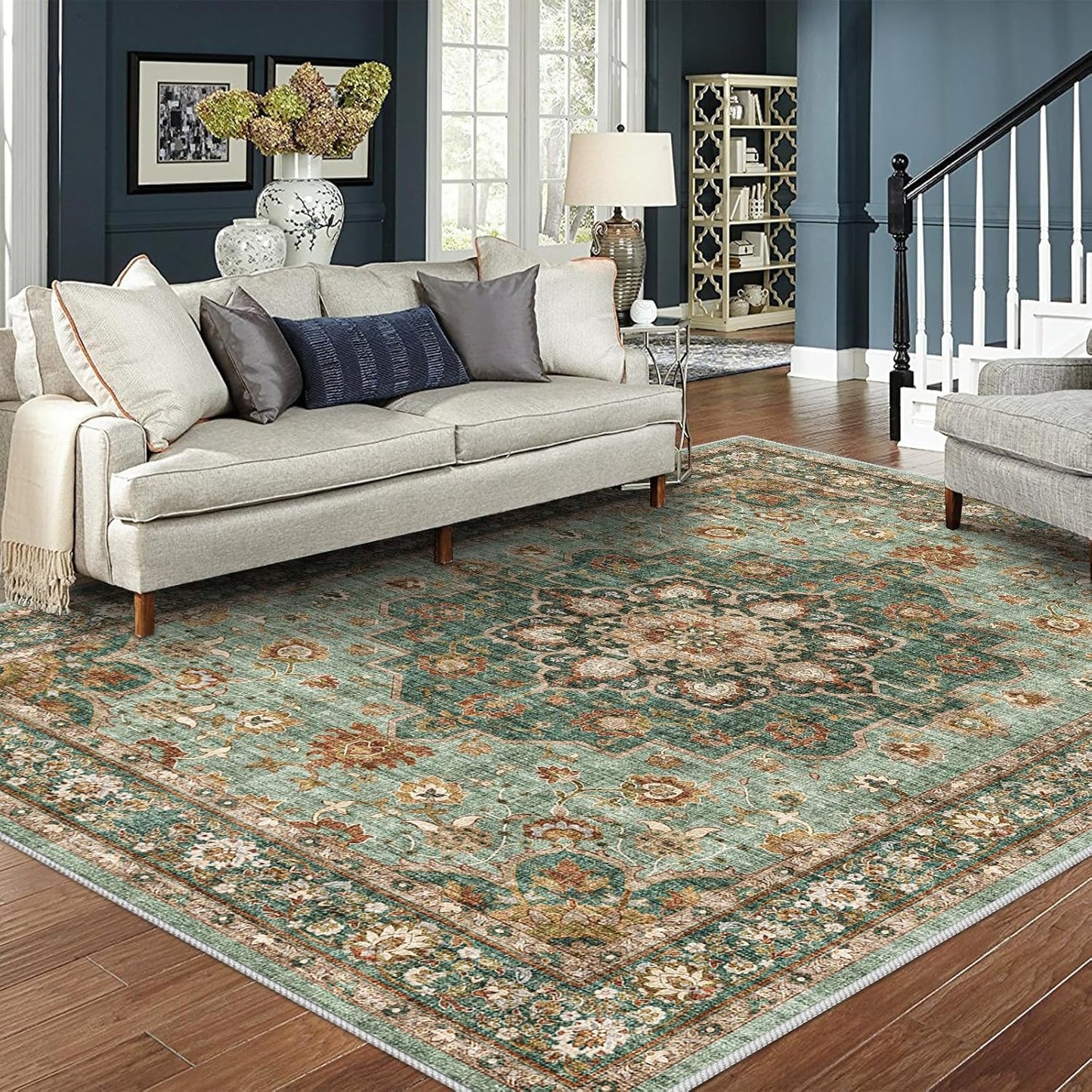 Washable Oriental Area Rug - 8x10 Soft Carpet for Living Room