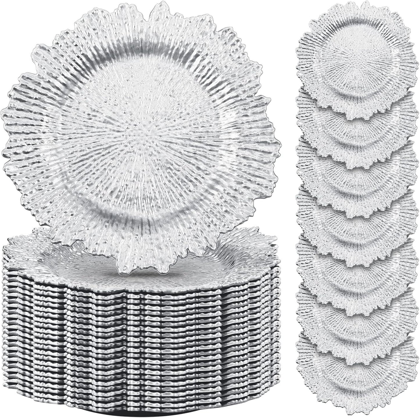 50 Pcs Silver Floral Reef Charger Plates - Elegant Table Setting Essential!