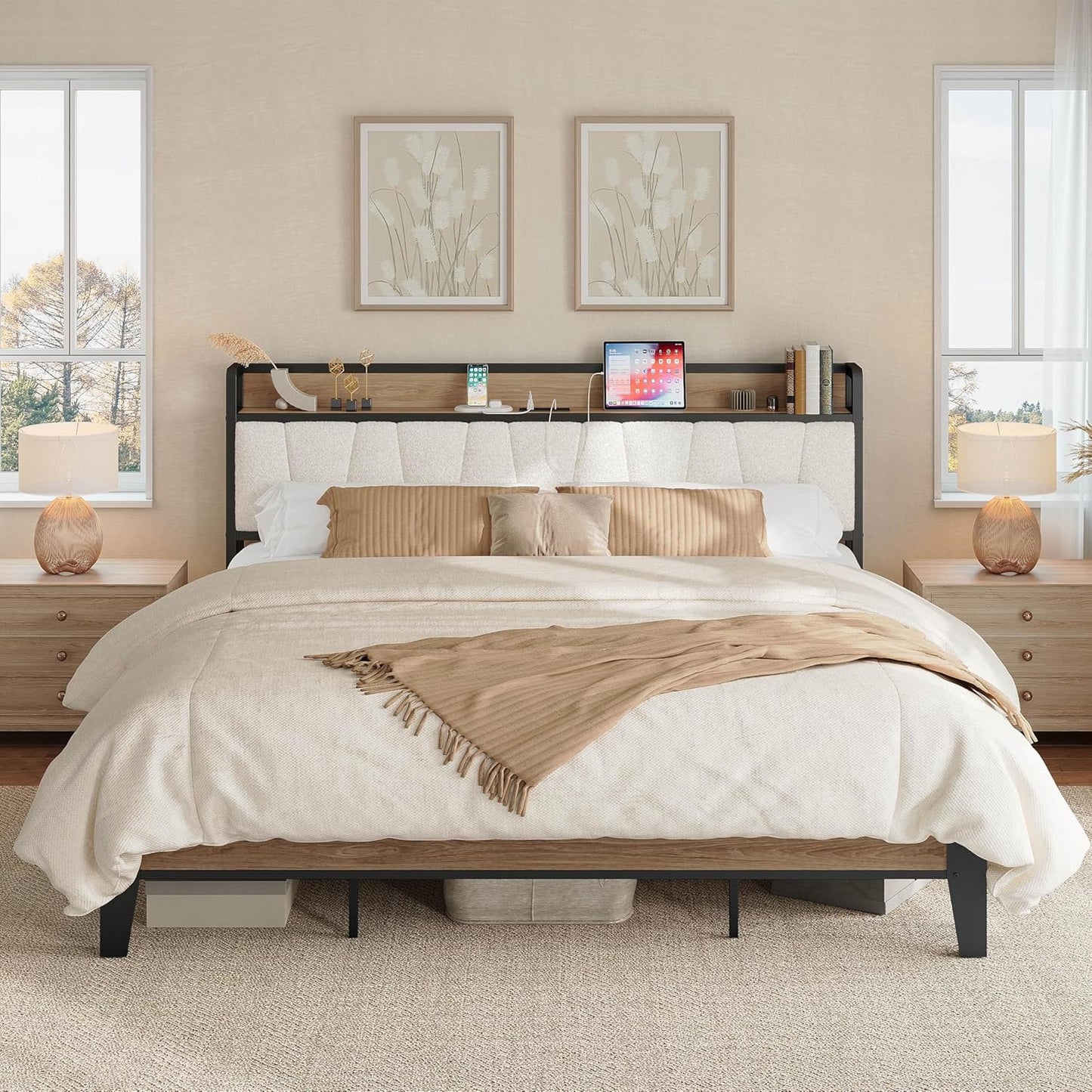 LIKIMIO King Bed Frame with Storage Headboard and Charging Station