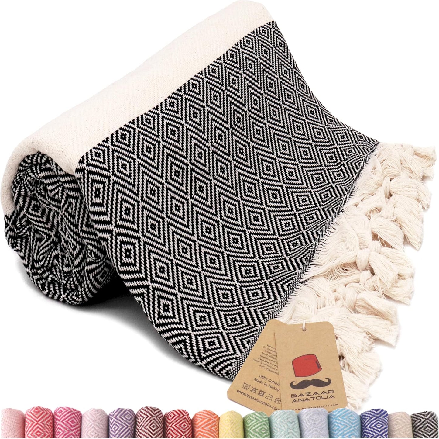 Bazaar Anatolia 100% Cotton Quick Dry Towel - Diamond Black