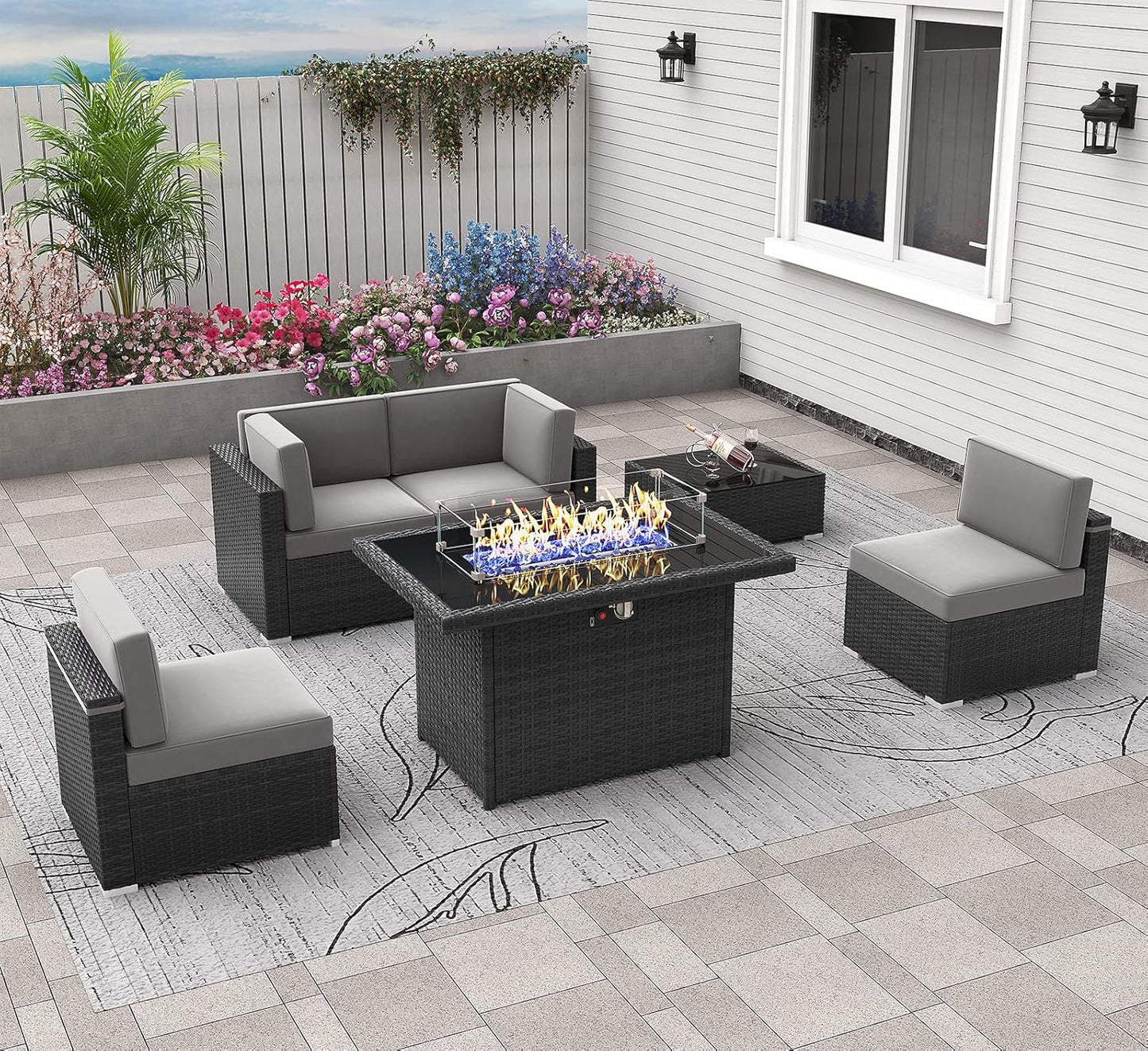 6 Pieces Patio Furniture Set with 44in Fire Pit Table for Outdoors