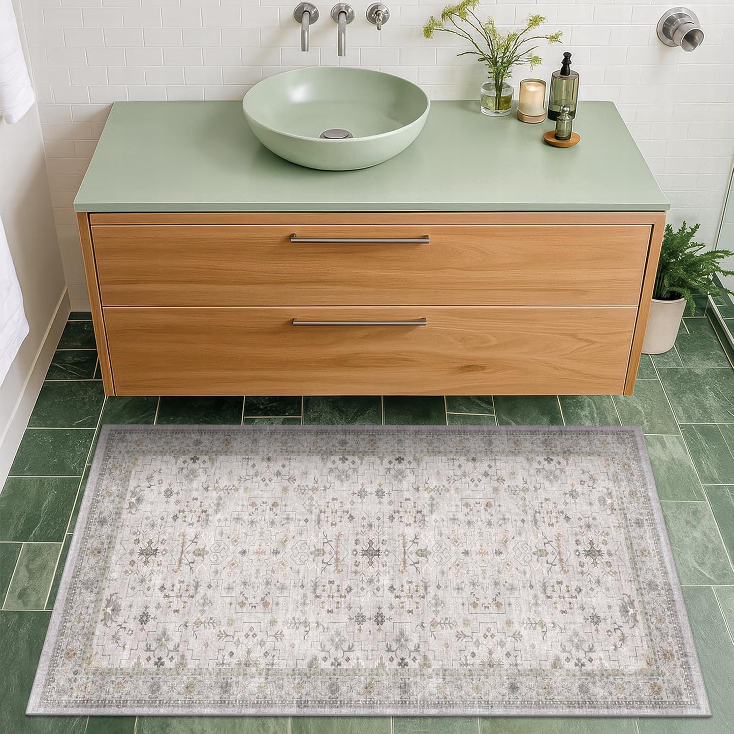 Light Grey Boho Bathroom Rug 2x4 - Stylish Non-Slip Area Rug