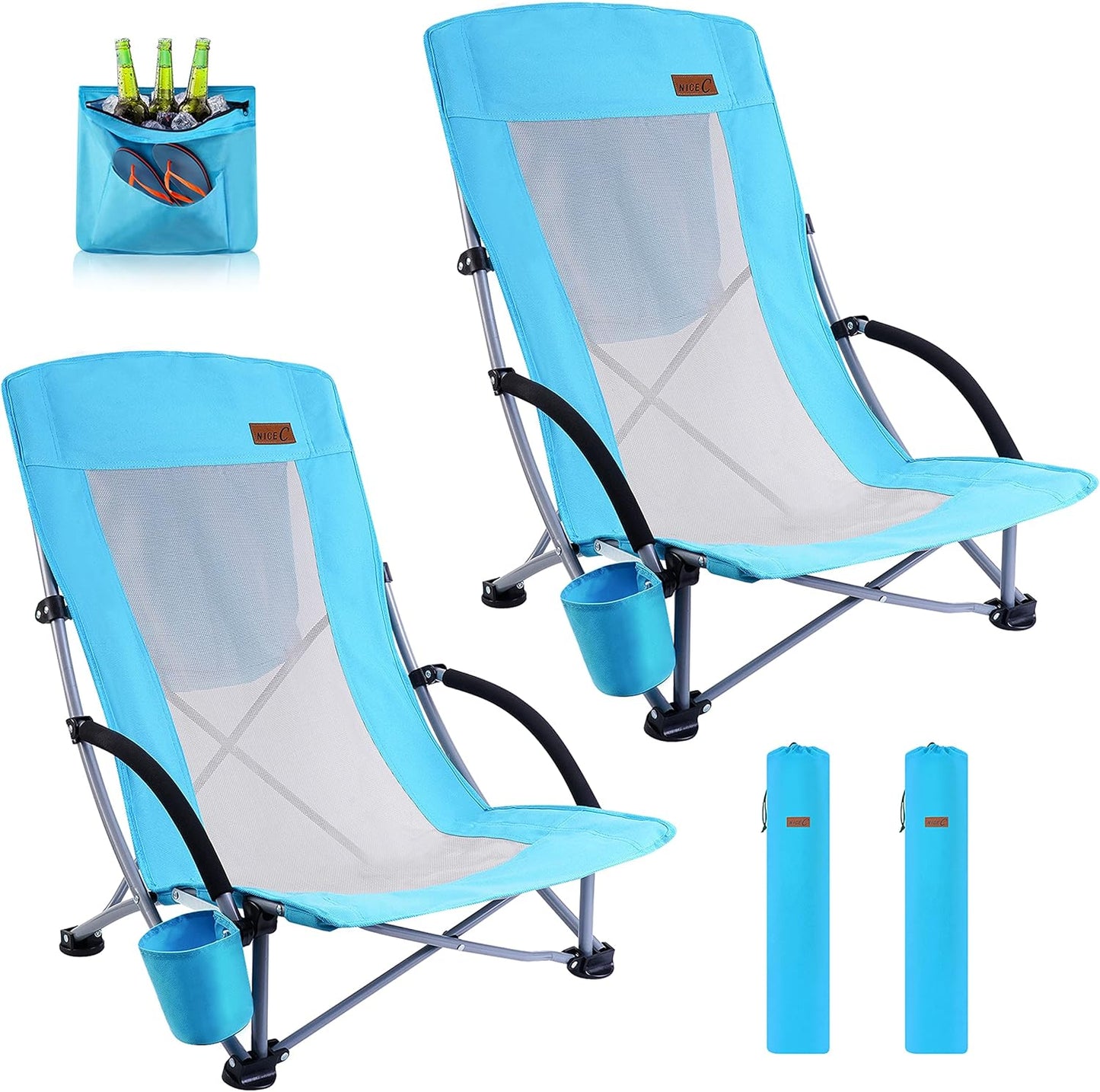 Nice C Beach Chair Set of 2 with Cooler and Cup Holder for Comfort