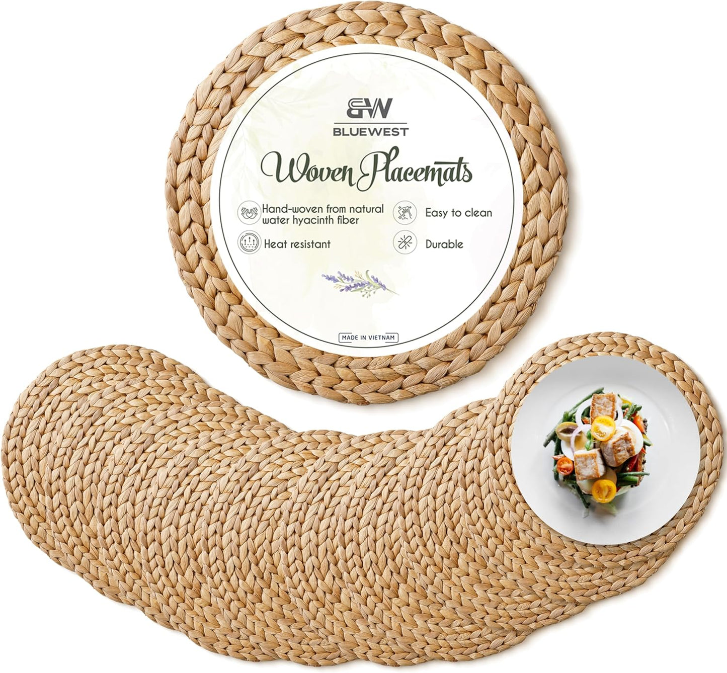 Woven Placemats Set of 10 by BLUEWEST - Round Rattan Table Decor