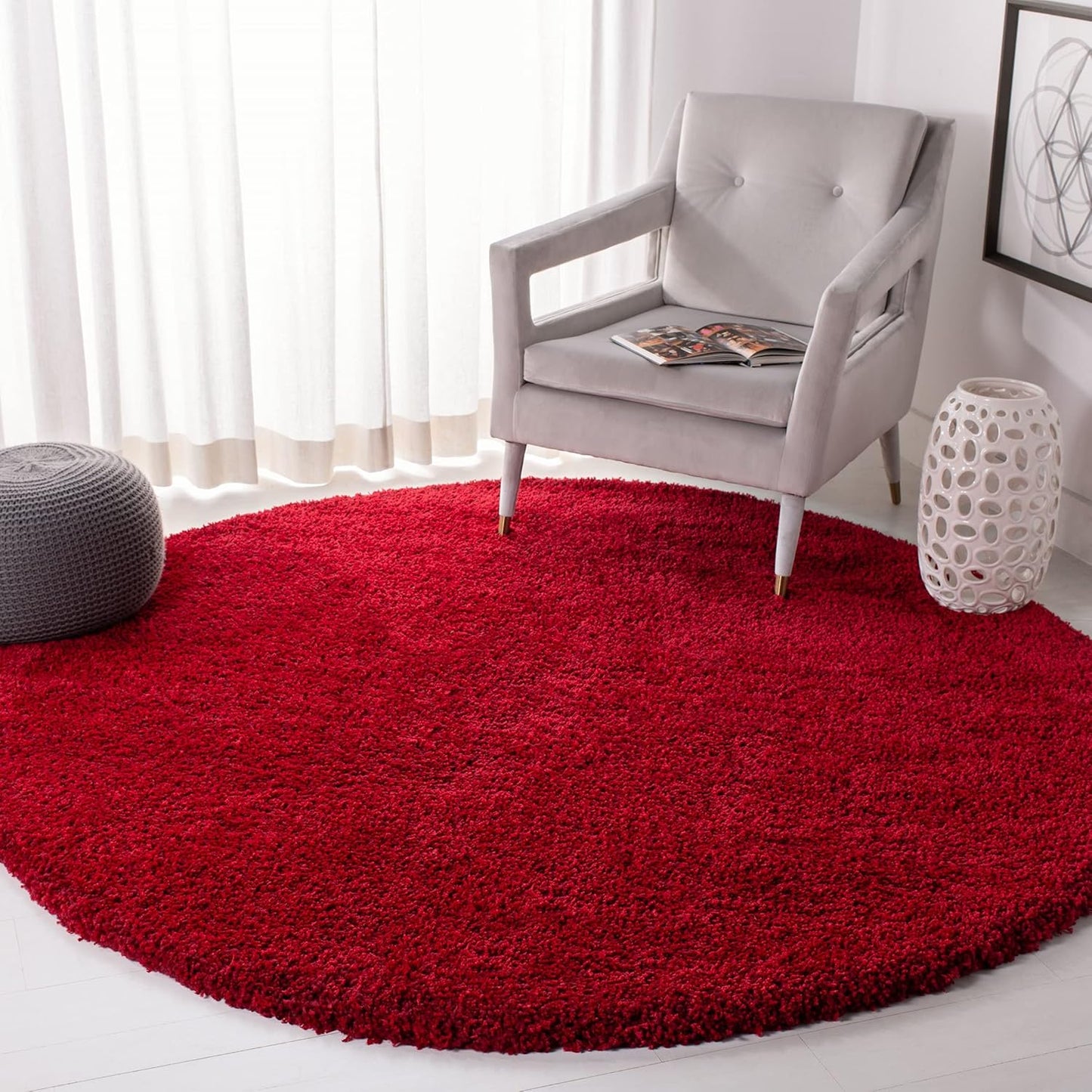 Premium 4ft Round Red Non-Shedding Plush Area Rug for Home