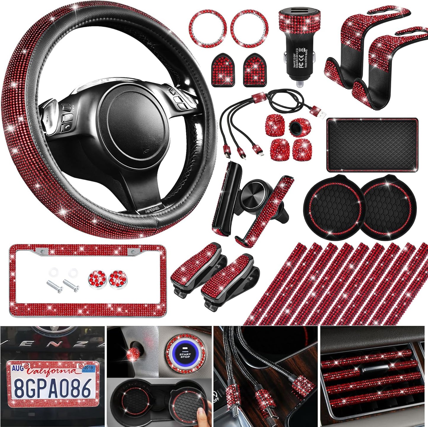 Bling Diamond Car Accessories Set for Women - 30 PCS Package