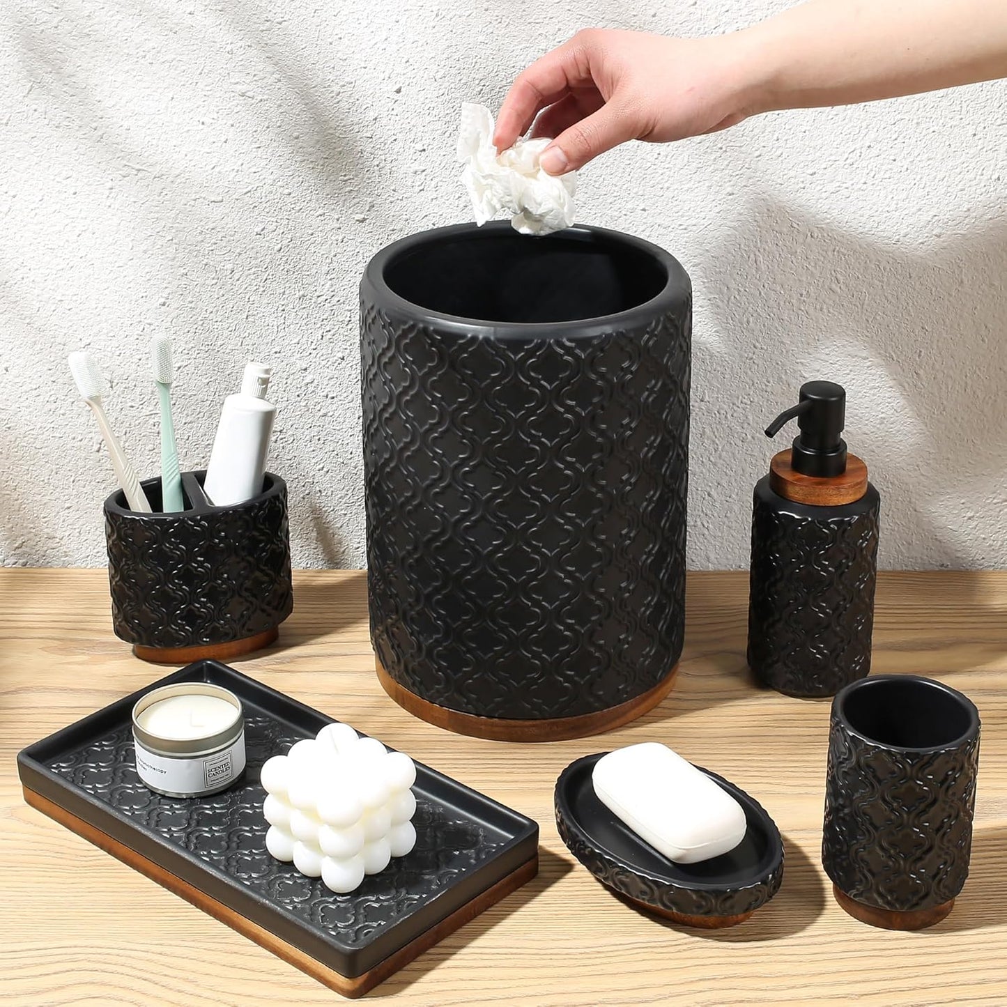 Elegant 6 Pcs Bathroom Accessories Set with Ceramic and Wood