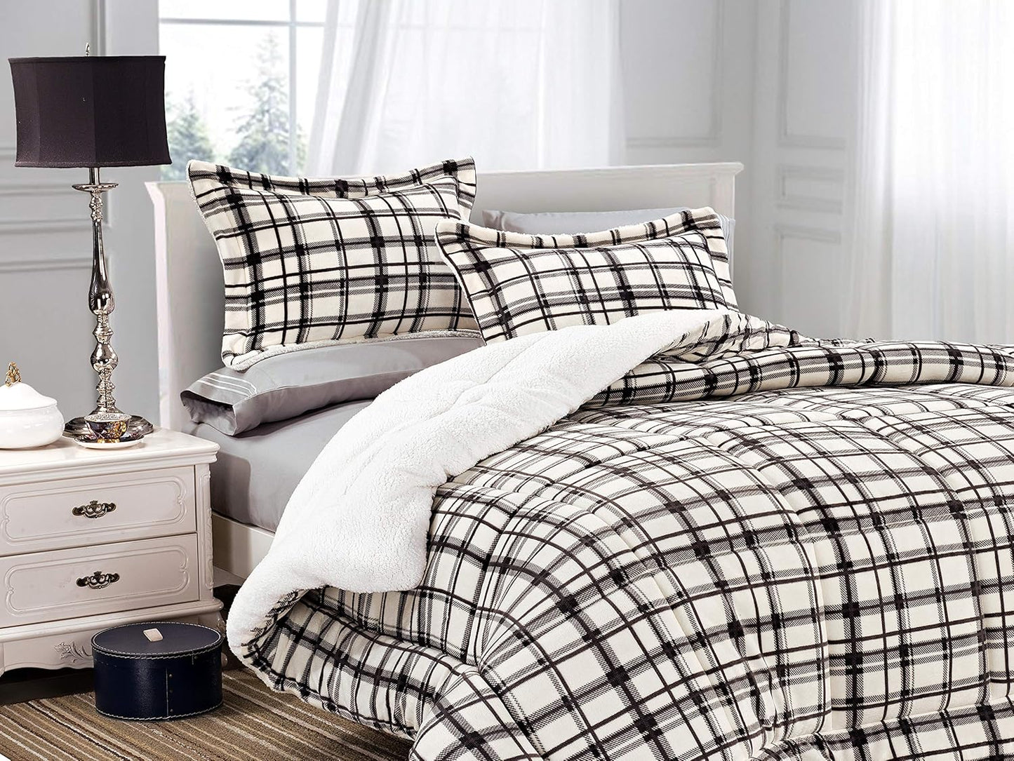 Elegant Comfort Heavy Weight Plaid Micromink Sherpa Comforter Set