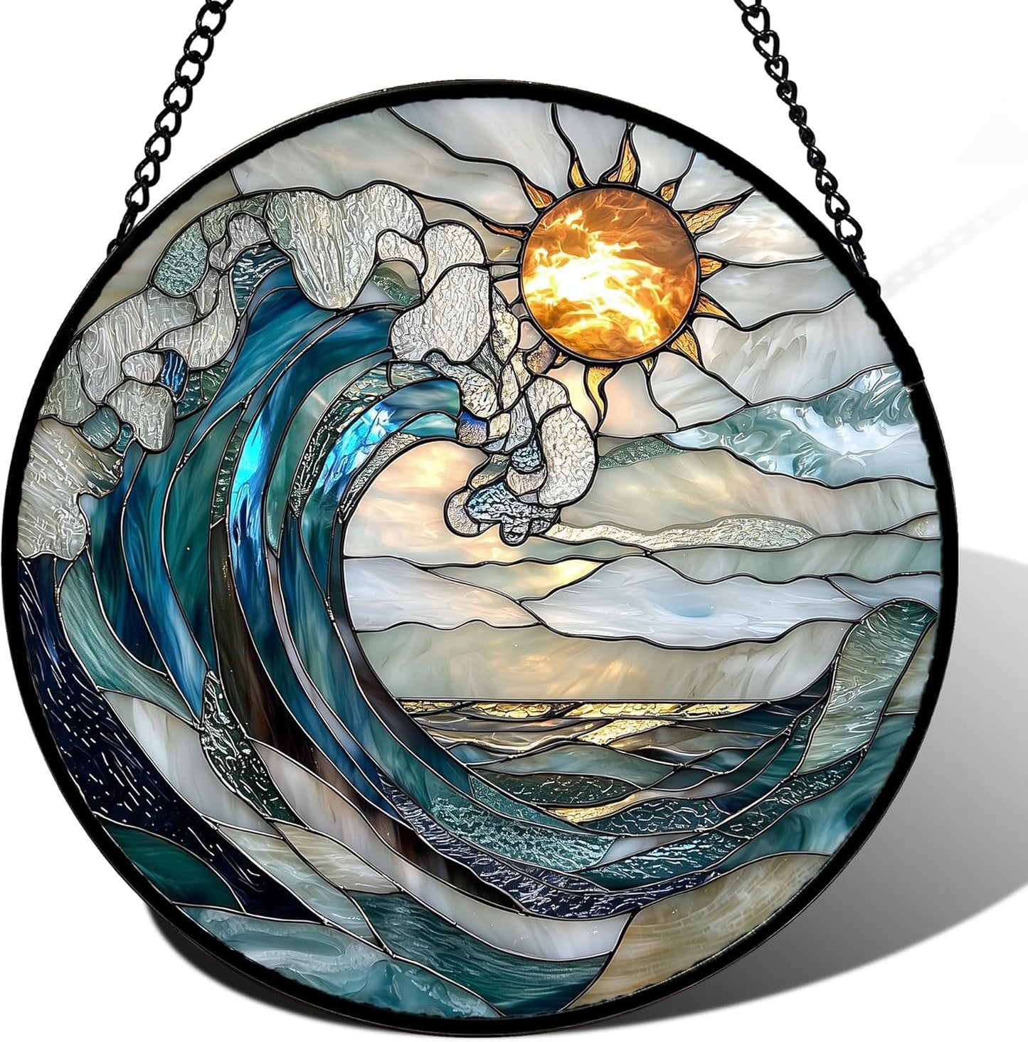 Stained Glass Window Hanging Blue and White Waves Suncatcher