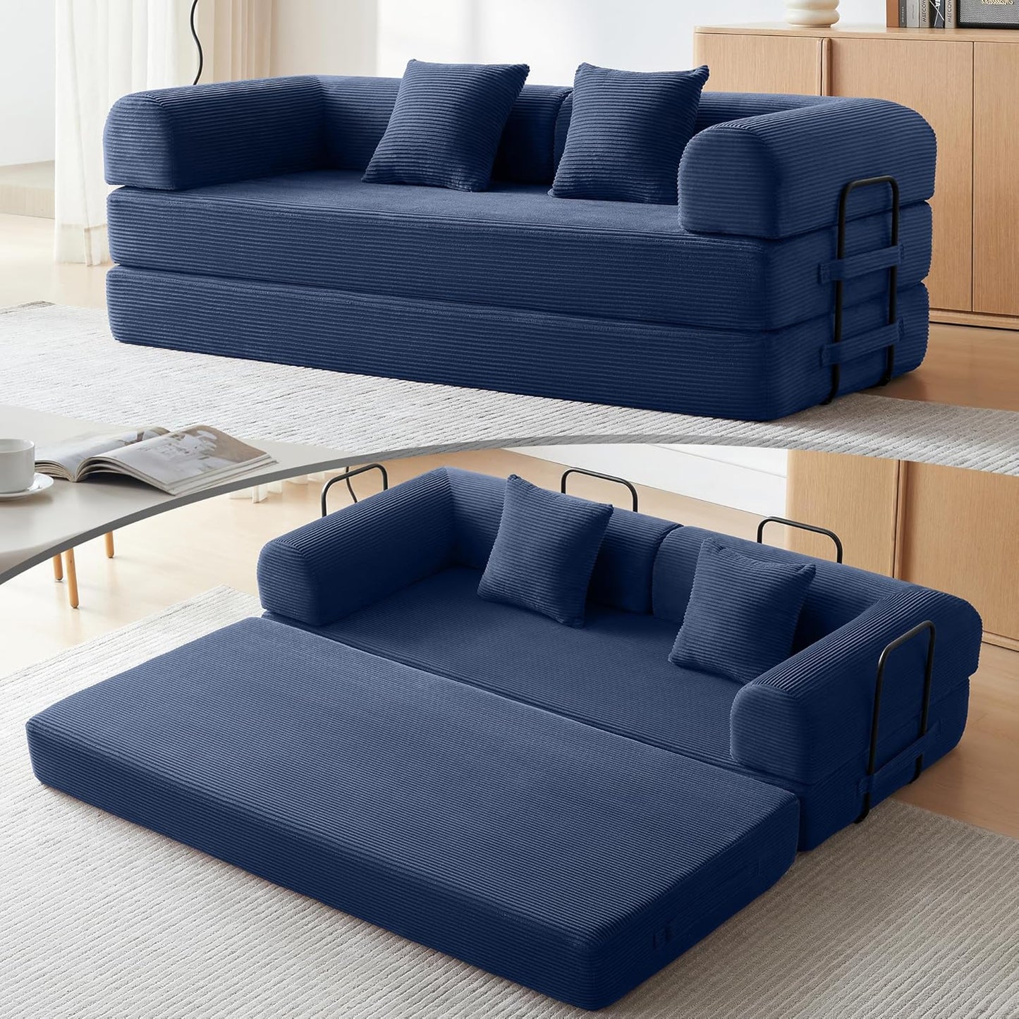 Convertible Sofa Bed with Cylindrical Pillow for Comfort