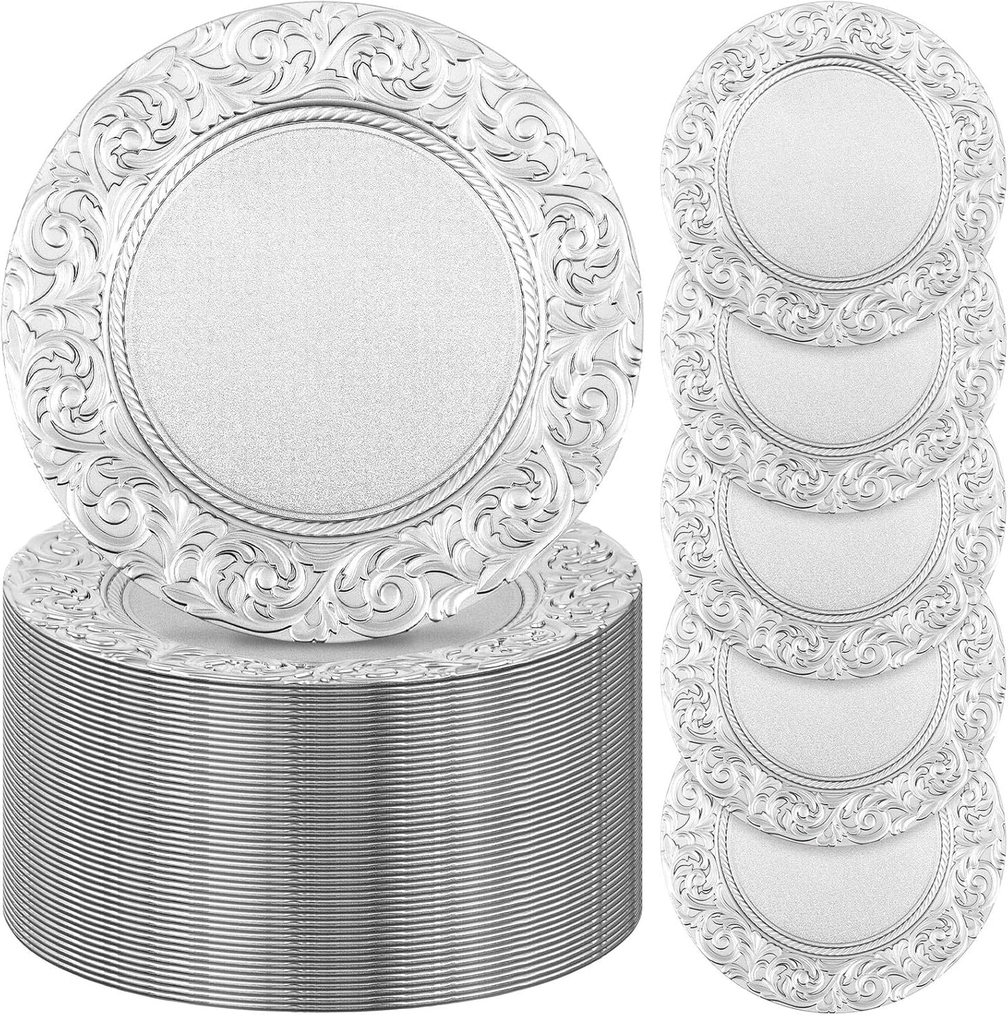 100 Pcs Silver Floral Wedding Charger Plates