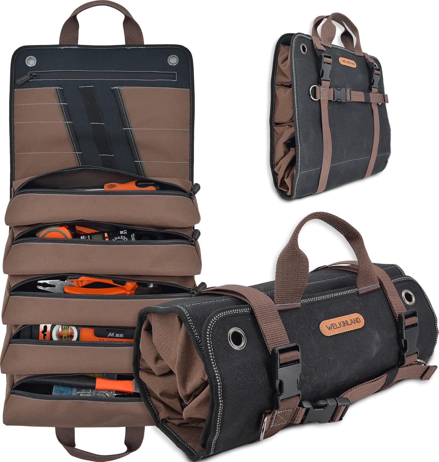 Heavy-Duty Waxed Canvas Tool Roll with 15 Pockets for Organization