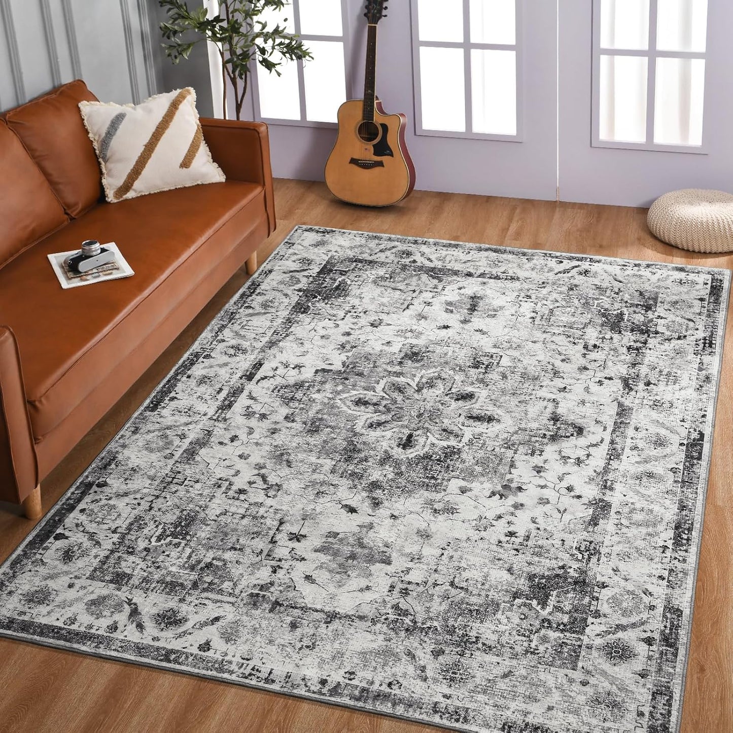 YOH Boho Washable Rug 8x10, Light Gray Vintage Non Slip Area Rug