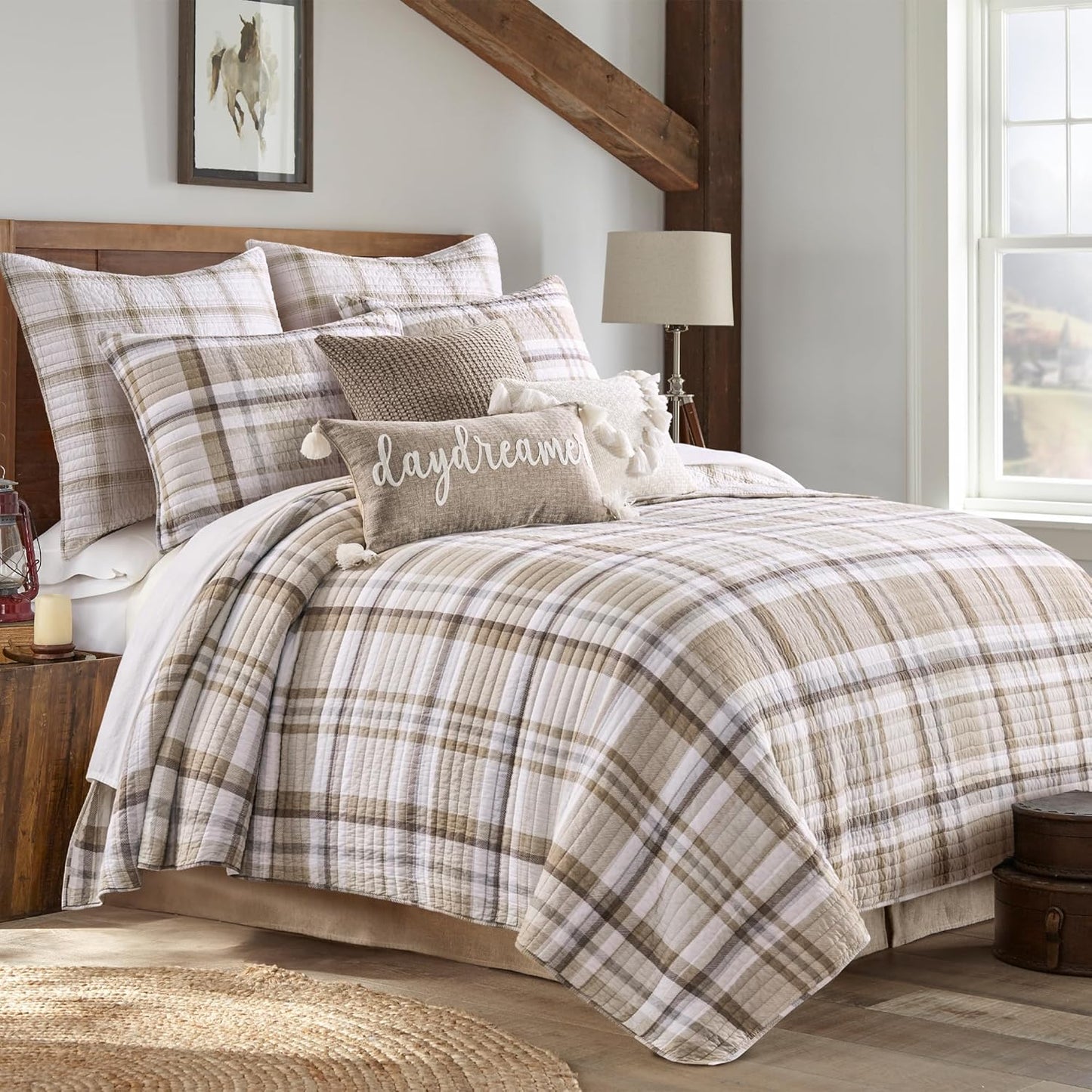 Spencer Plaid Neutral King Quilt - Soft Cotton Reversible Design