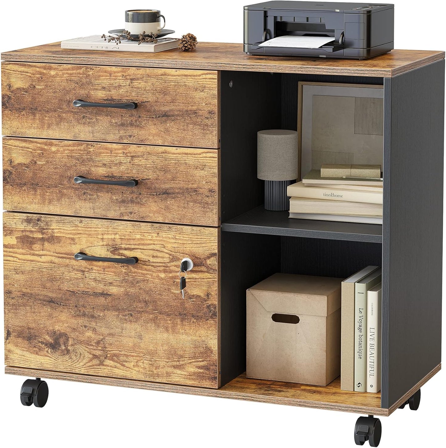 FEZIBO Mobile File Cabinet with Lock and Open Storage Shelves