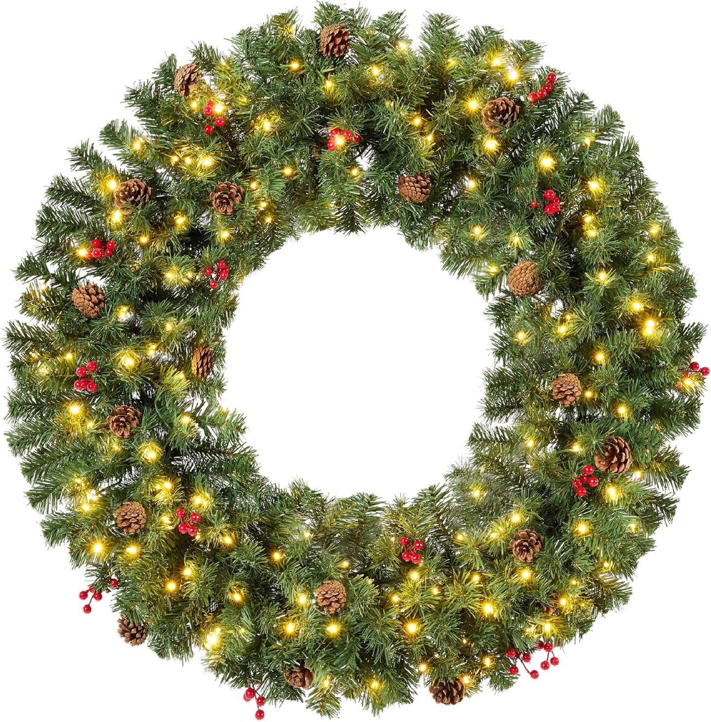 36in Pre-Lit Christmas Wreath with Berries & Pinecones Decor
