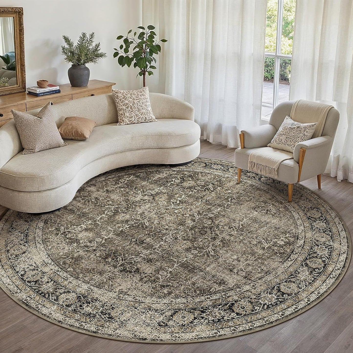 Brown Round Area Rug 6ft Washable Vintage Low Pile Carpet