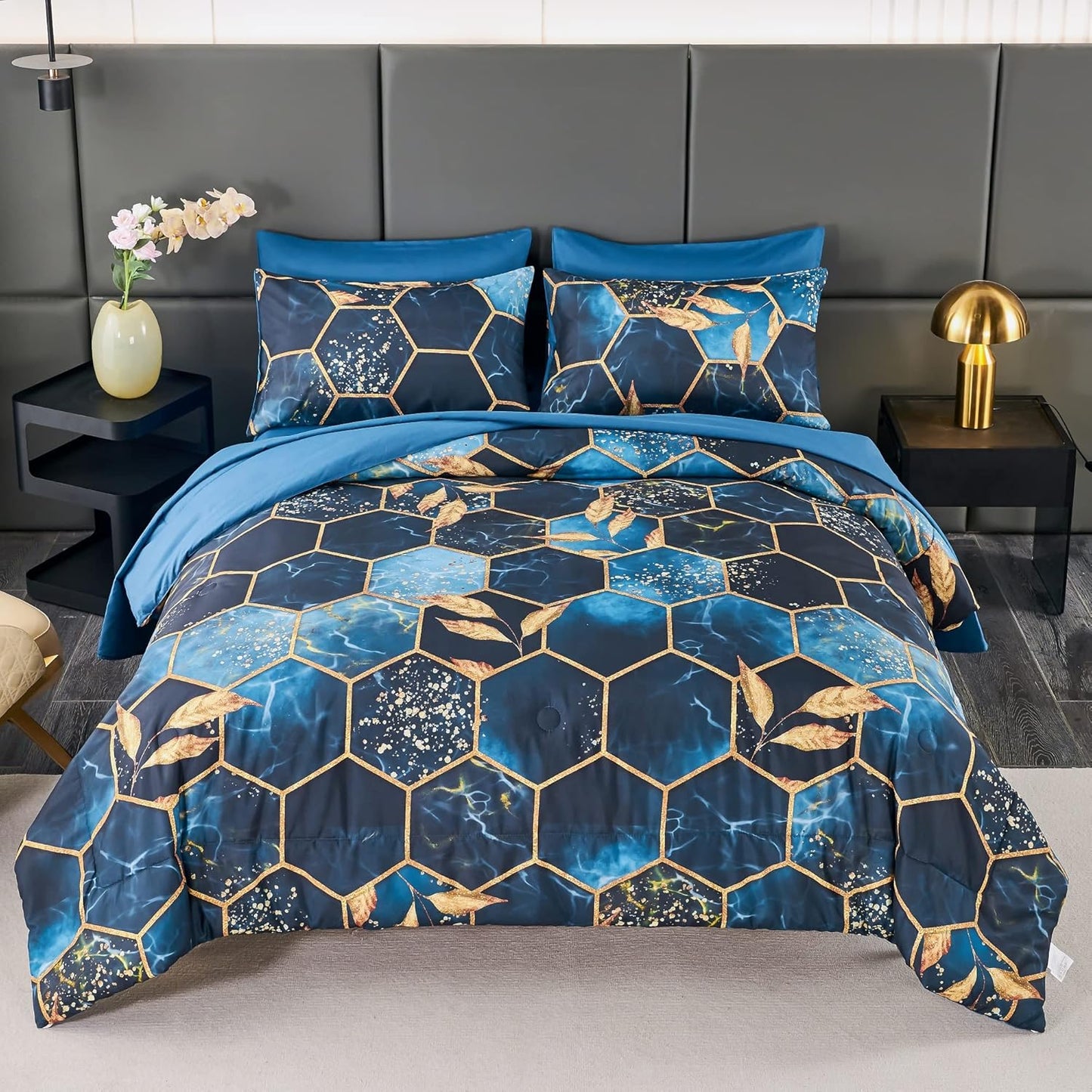 ANGIYUIN 7-Piece Blue Gold Marble Queen Bedding Set Review