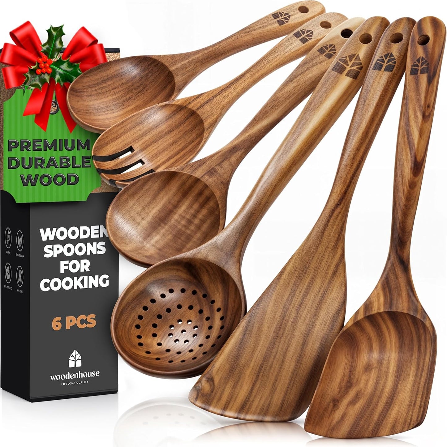 Wooden Spoons for Cooking - 6 Pcs Teak Wood Utensil Set