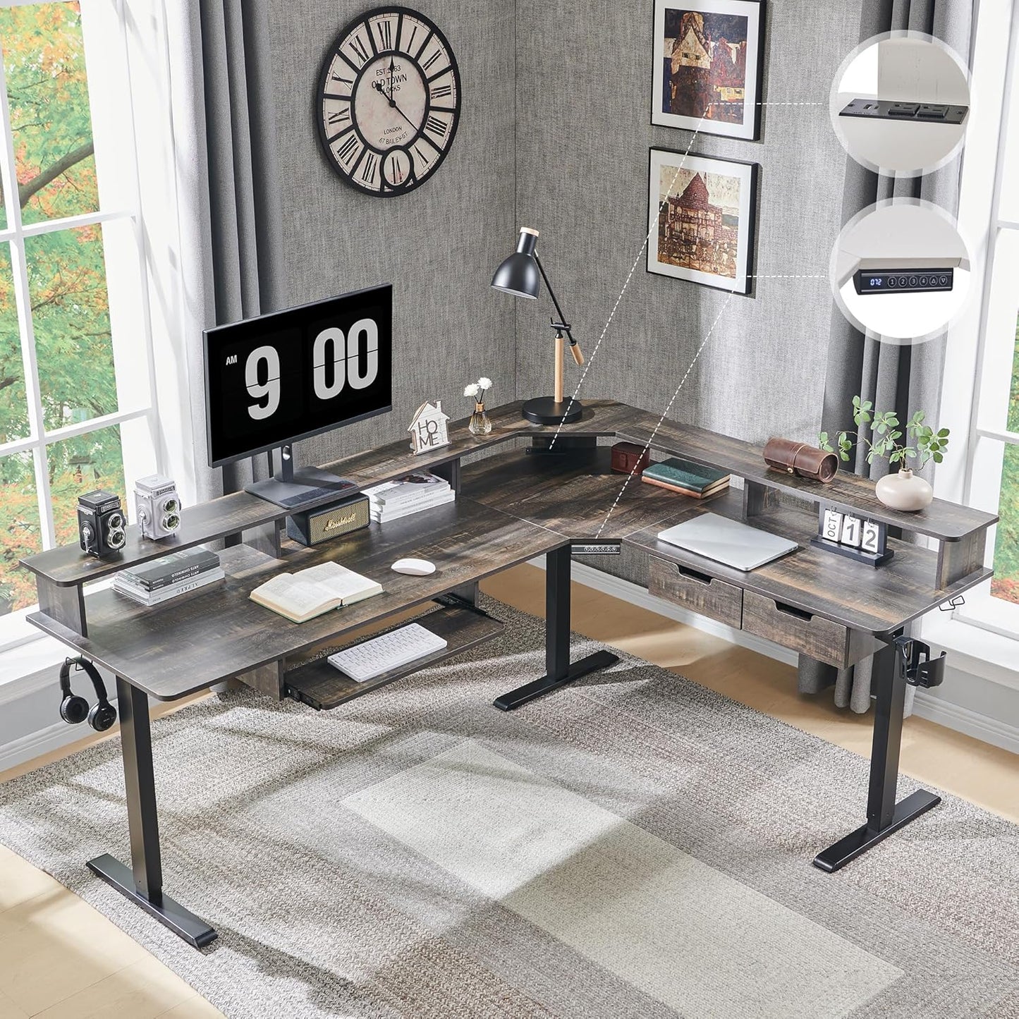 Height-Adjustable L-Shaped Gaming Desk with Drawers & LED Lights
