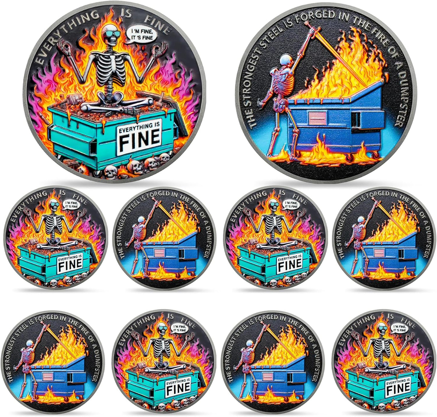 Colorful Skull Dumpster Fire Challenge Coin for Office Humor