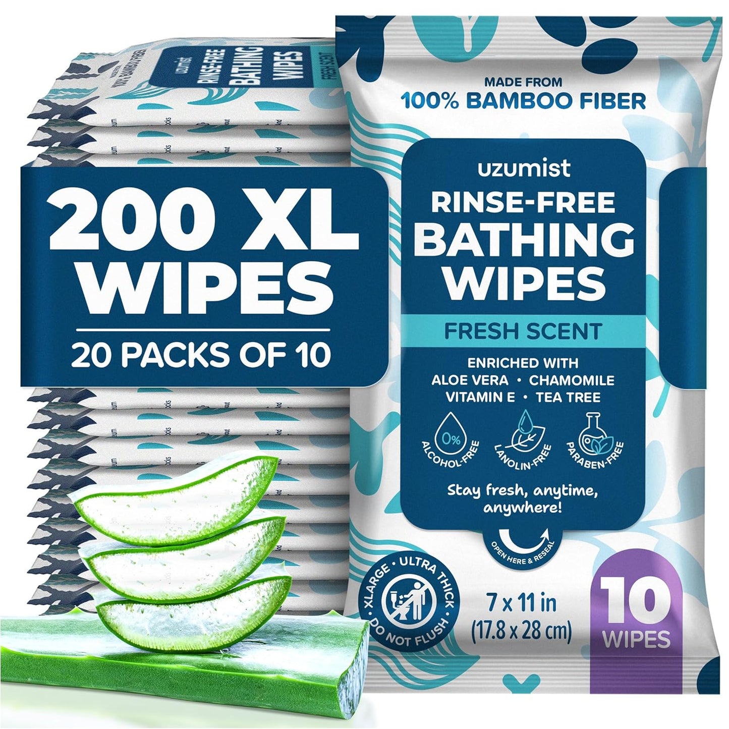 Body Wipes for Adults Bathing No Rinse - 200 XL Cleansing Wipes