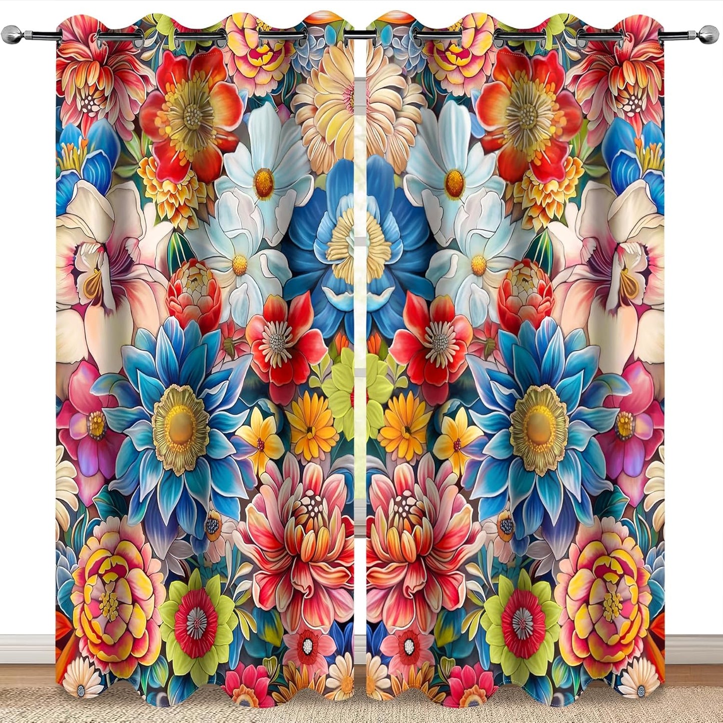 Boho Flower Blackout Curtains for Bedroom and Living Room Decor