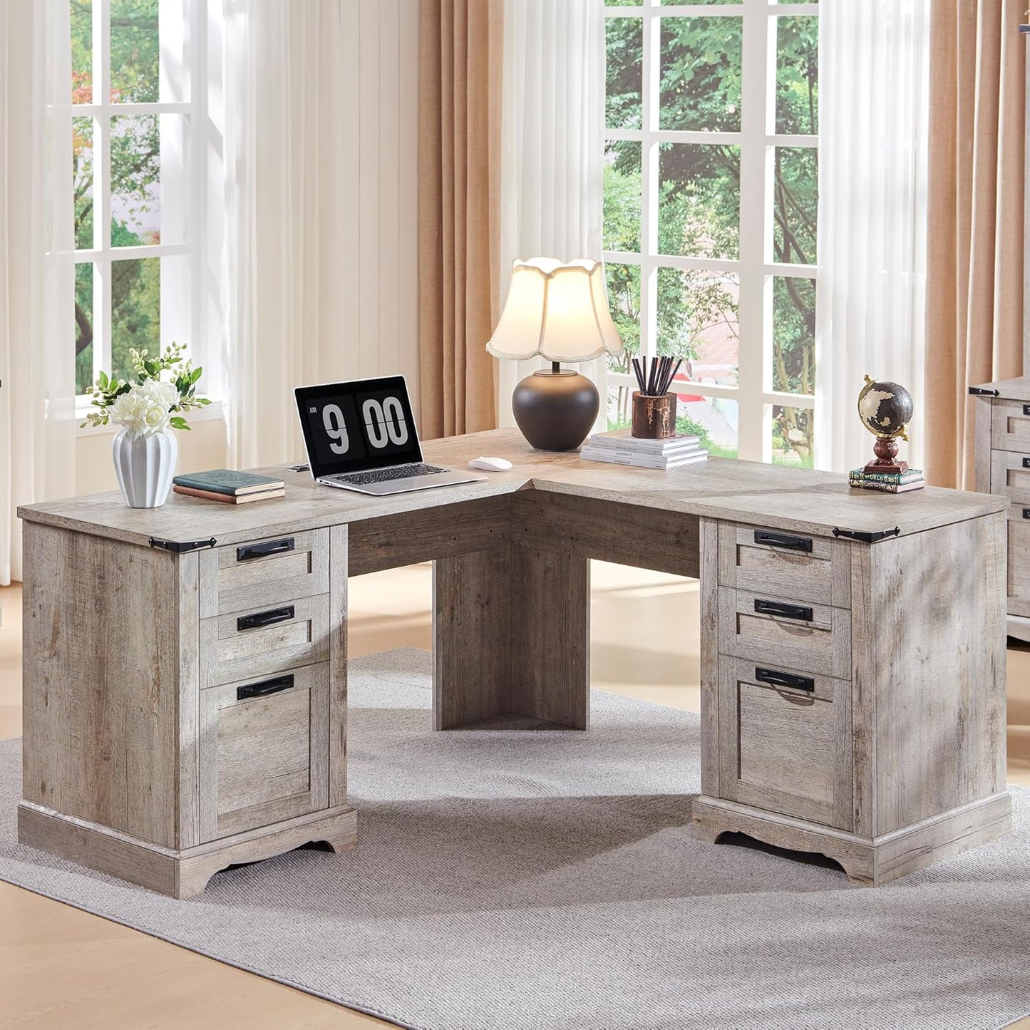 RedLemon Farmhouse L Desk: Charging Station, Storage, Rustic Style