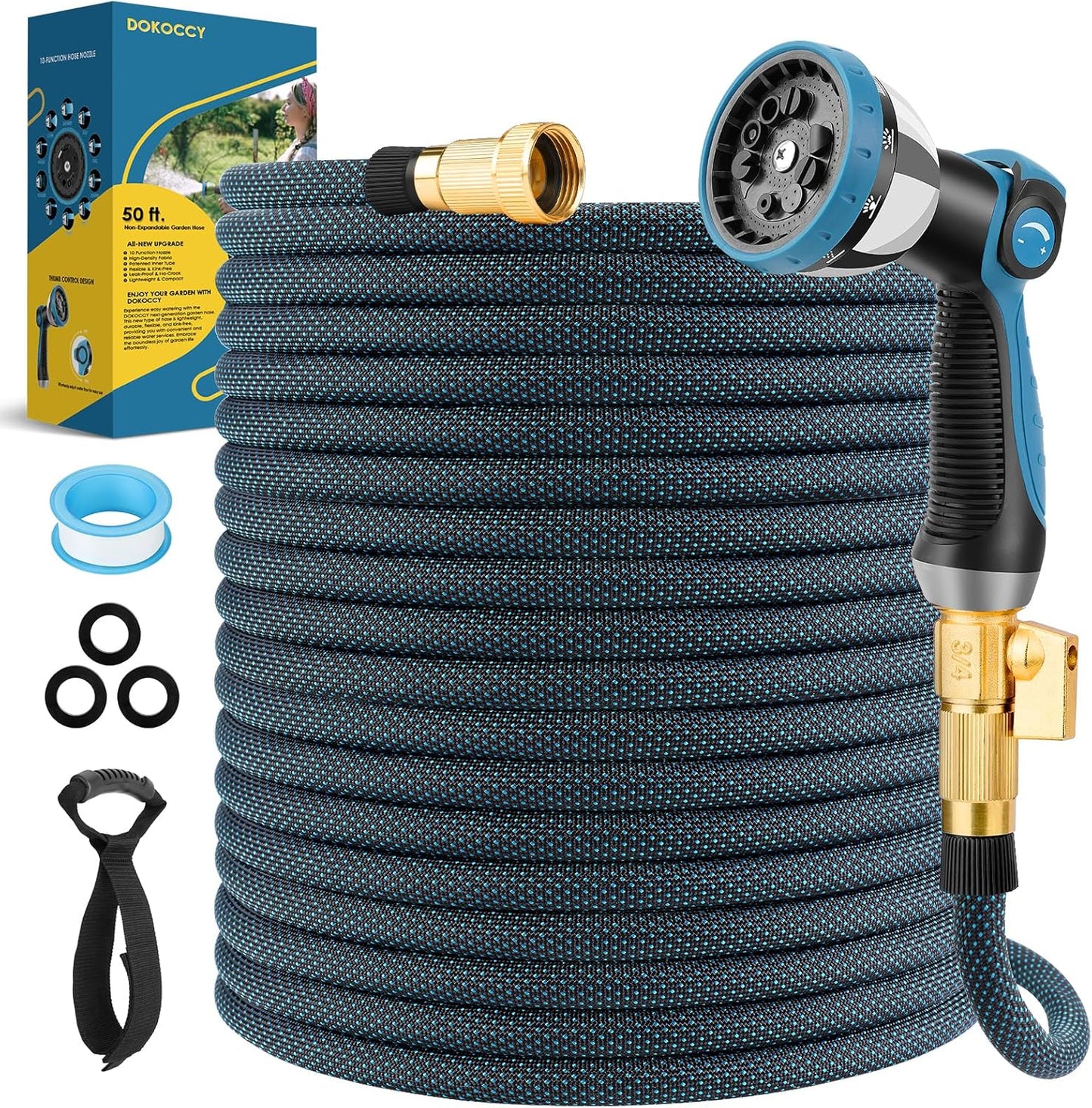 Non-Expanding Garden Hose 50 ft with 10 Function Spray Nozzle