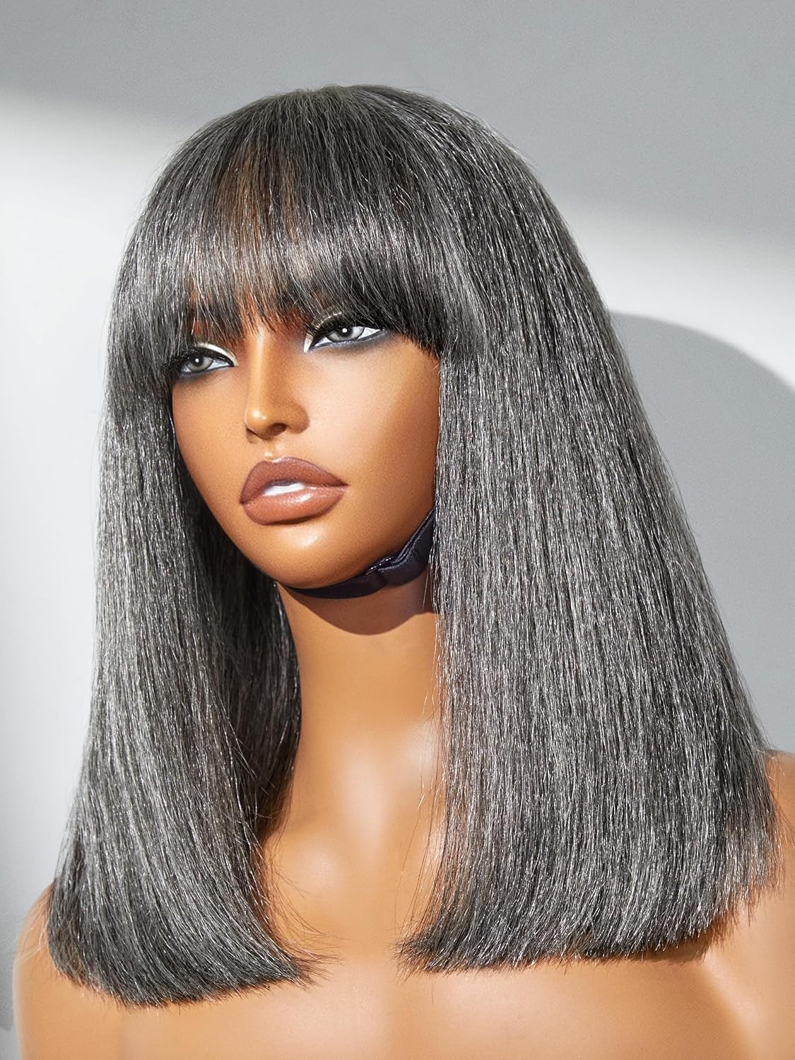 LUVME HAIR 14 Inch Grey Salt & Pepper Bob Wig with Bangs