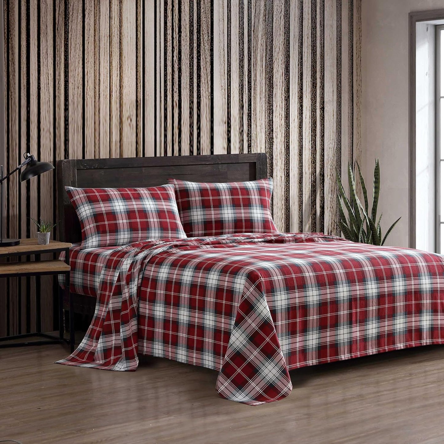 Eddie Bauer Twin Bed Sheets Set in Heartland Plaid Red Design