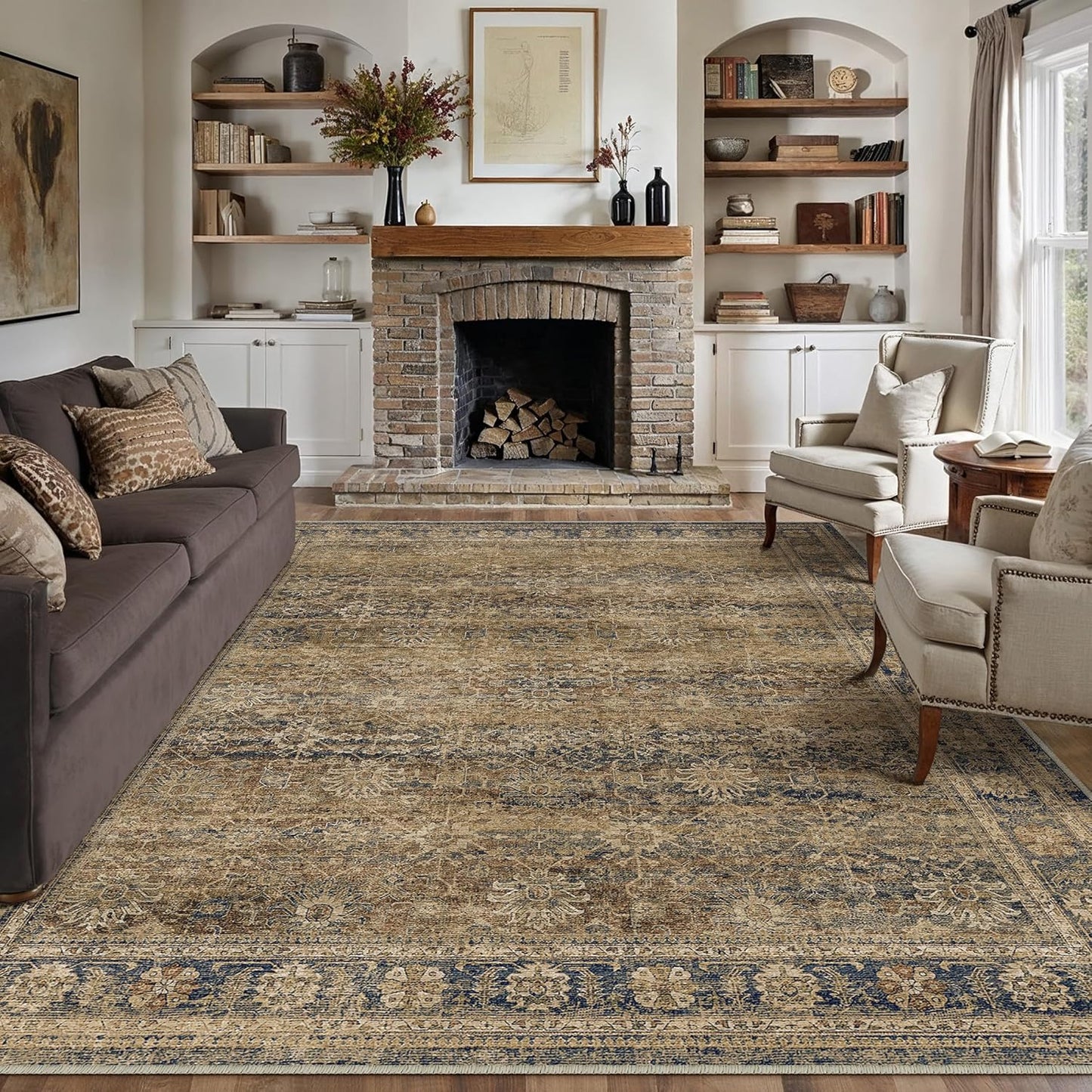 Washable Area Rugs 9x12 Living Room Brown Vintage Distressed