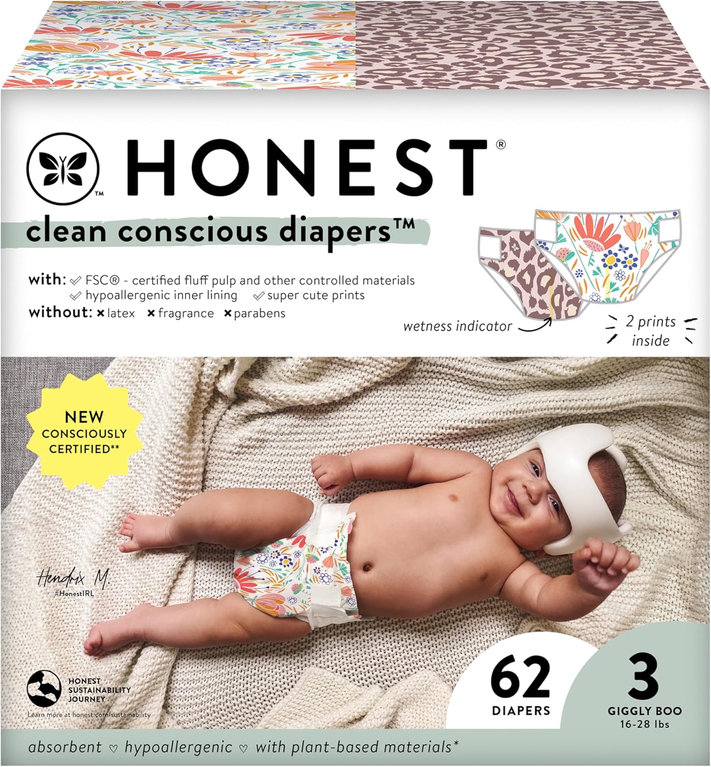 The Honest Co. Plant-Based Diapers | Eco-Friendly | Wild Thang + Flower Power | Size 3, 62 Count