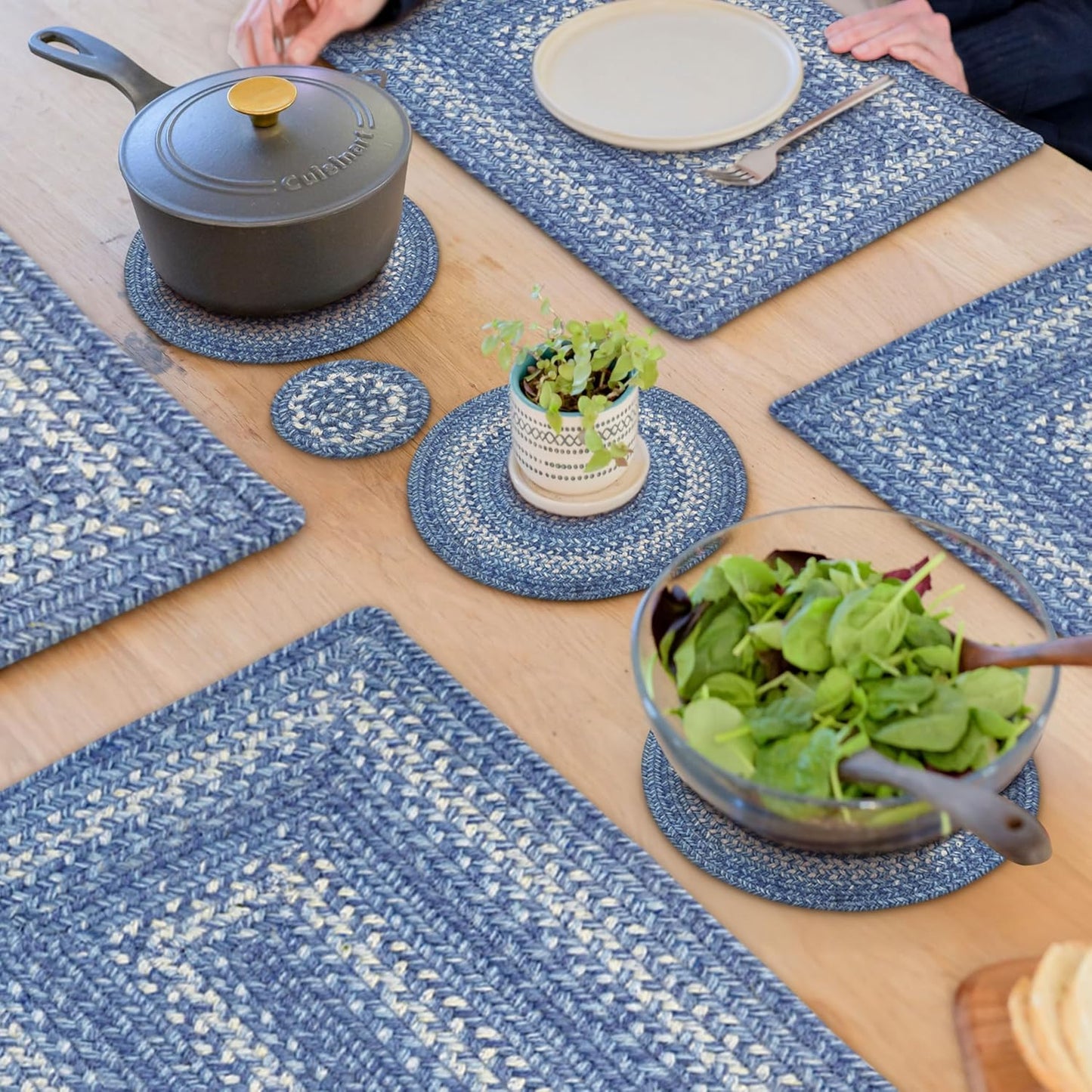 Denim Jute Braided Kitchen Trivets for Hot Dishes Set of 6