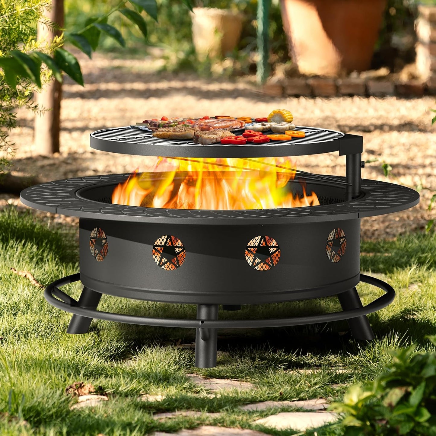 43 Inch Fire Pit with BBQ Grill for Outdoor Bonfire & Picnics