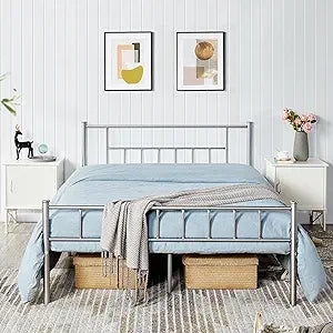 Queen Size Metal Bed Frame with Headboard and Footboard for Comfort