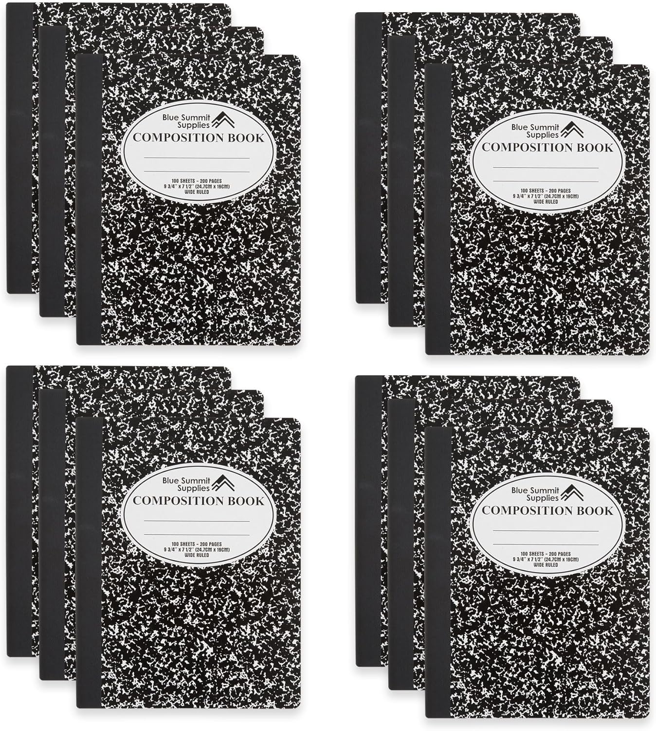 12 Marble Black Notebooks, Wide Ruled, 100 Sheets, Blue Summit